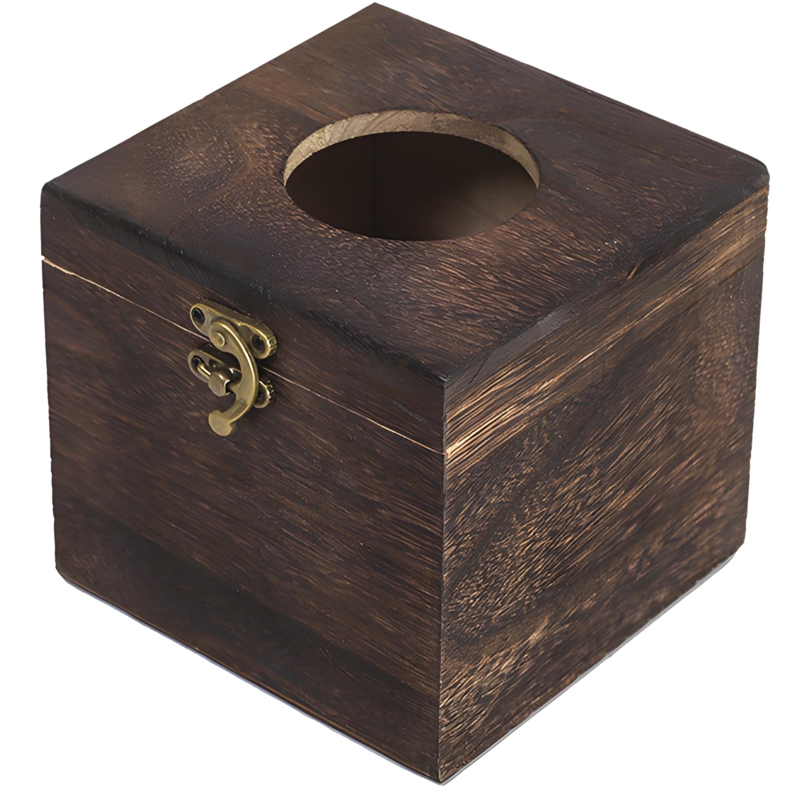 Packool Wooden Tissue Box Cover, Decorative Square Facial Tissue Holder for Home Decor, Brass Clasp, Easy Access, Rustic Brown Finish