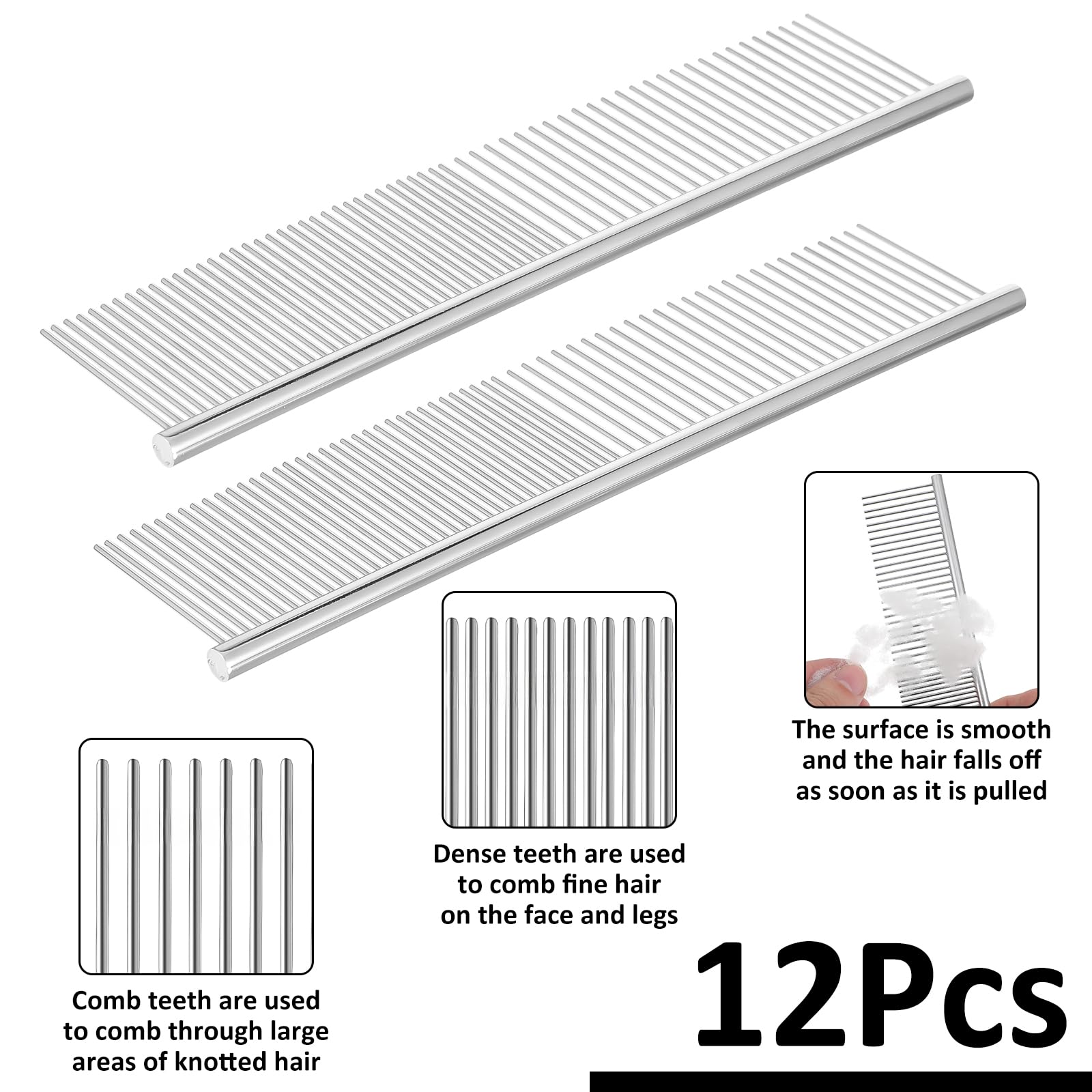 12 peines de acero inoxidable para perros y gatos, herramienta de aseo de metal de 7.48 pulgadas para eliminar nudos, mascotas de pelo largo y corto, incluyendo perros, gatos y otros