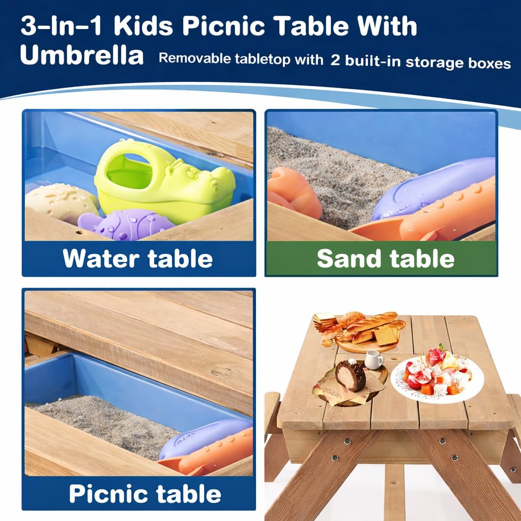 3-in-1 Wooden Kids Picnic Table with Adjustable 43" Umbrella, Converts to Sand & Water Activity Table, Seats 4 Kids Age 3+, Natural Cedar