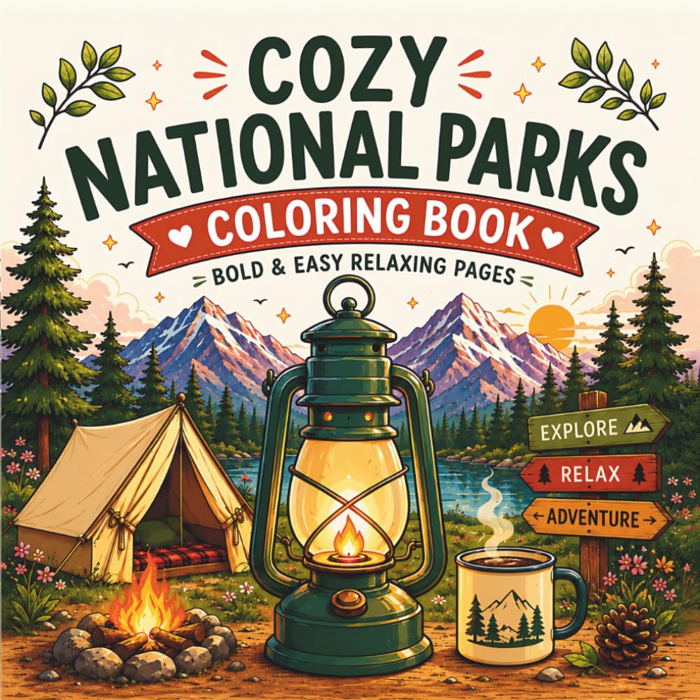 Cozy National Parks Coloring Book: Bold & Easy Relaxing Pages Featuring Cozy Camping Scenes, Cute Wildlife, Scenic Mountains, Cabins, Campfires, ... Adults, Teens and Older Kids (30 Page Studio)