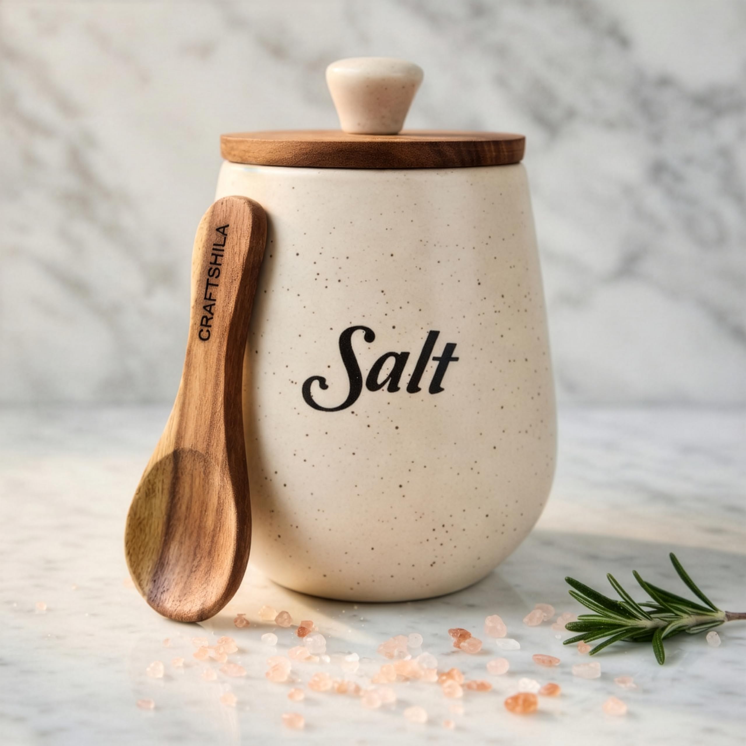 Ceramic Salt Container with Wooden Spoon & Lid | Salt Jar & Container for Kitchen Storage Set | Multi Utility Air Tight Kitchen Organizer Items (Hand-Painted, 600 ML)-picture-34