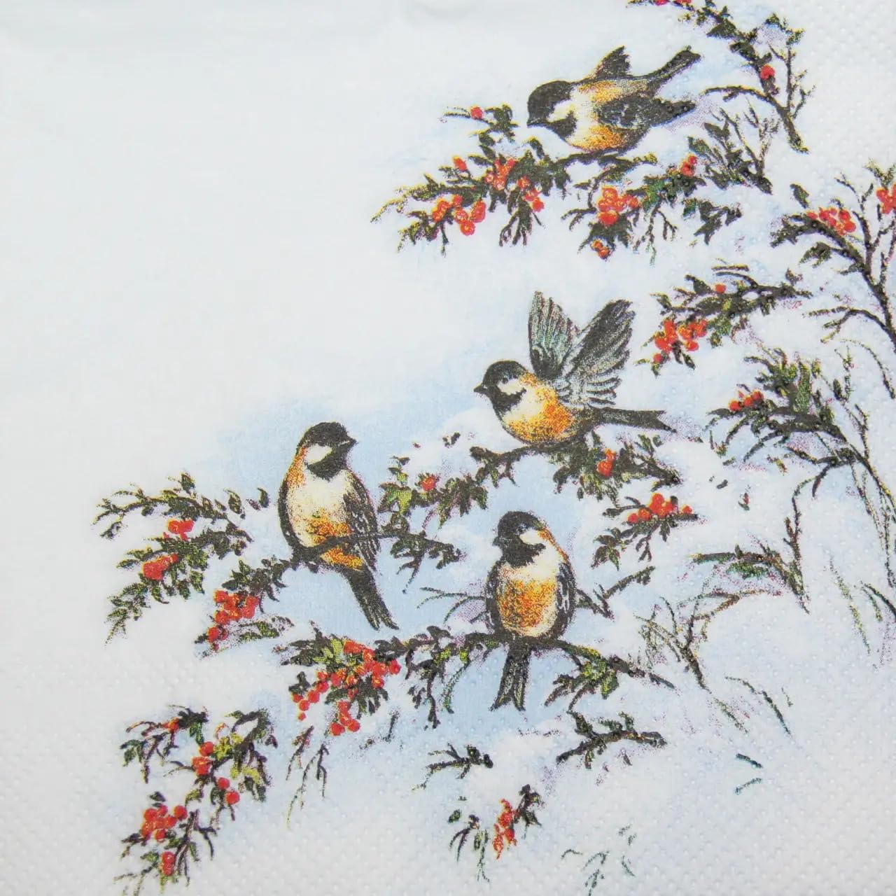 Set of 2 Individual Decoupage Paper Party Napkin Birds in Branches Snow Watercolor Decor Luncheon Napkins for a Birthday Holiday, Wedding, Cocktail Party