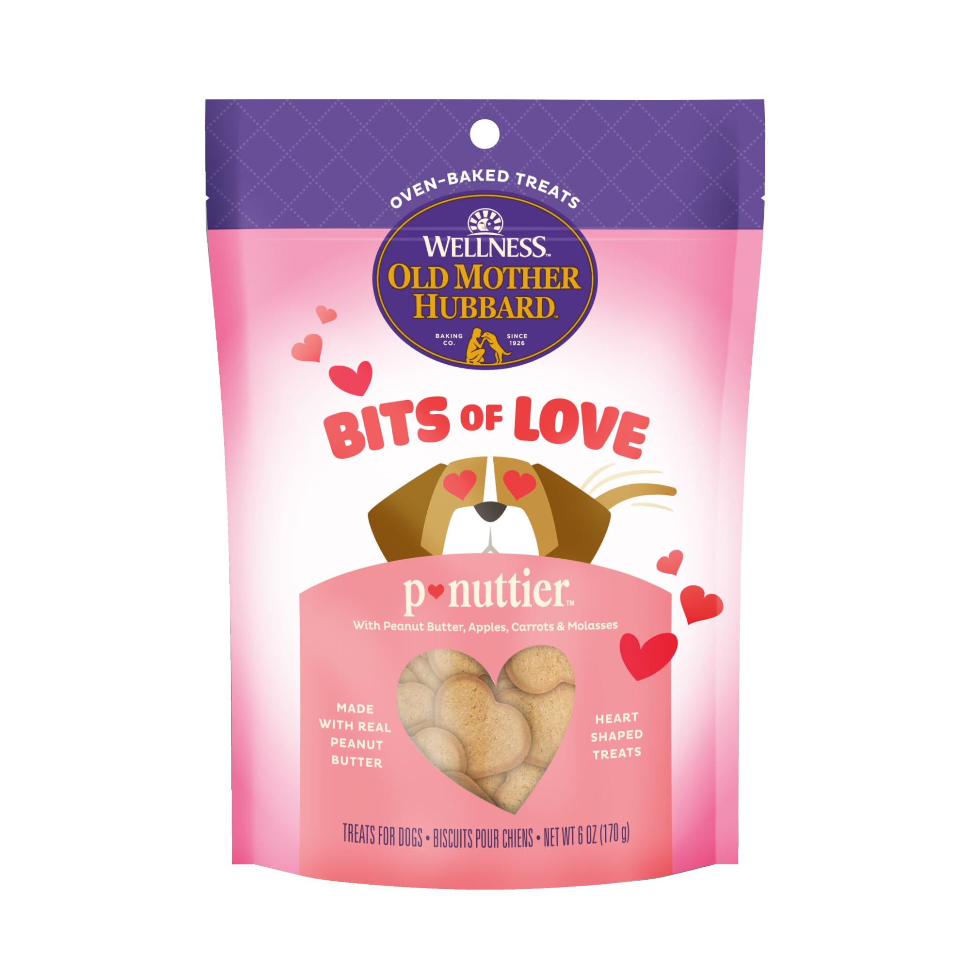 Wellness Old Mother Hubbard Bits of Love P-Nuttier Dog Biscuits, Natural Treats, Valentine's Day, Seasonal, Peanut Butter Flavor, 6 oz Bag