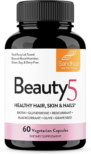 Sandhu's Beauty5 cápsulas, 60 cápsulas vegetarianas, 30 porciones, suplemento para el cuidado de la piel, suplemento para el cabello, la piel y las