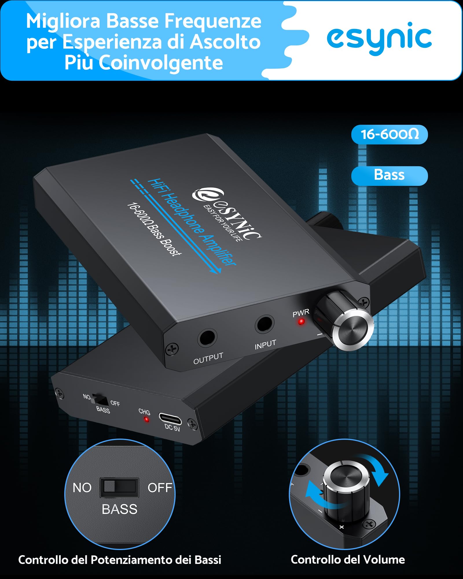 eSynic 16-600Ω Amplificatore per Cuffie Professionale con Jack 3.5mm, Ricaricabile Type-C, Lega Alluminio