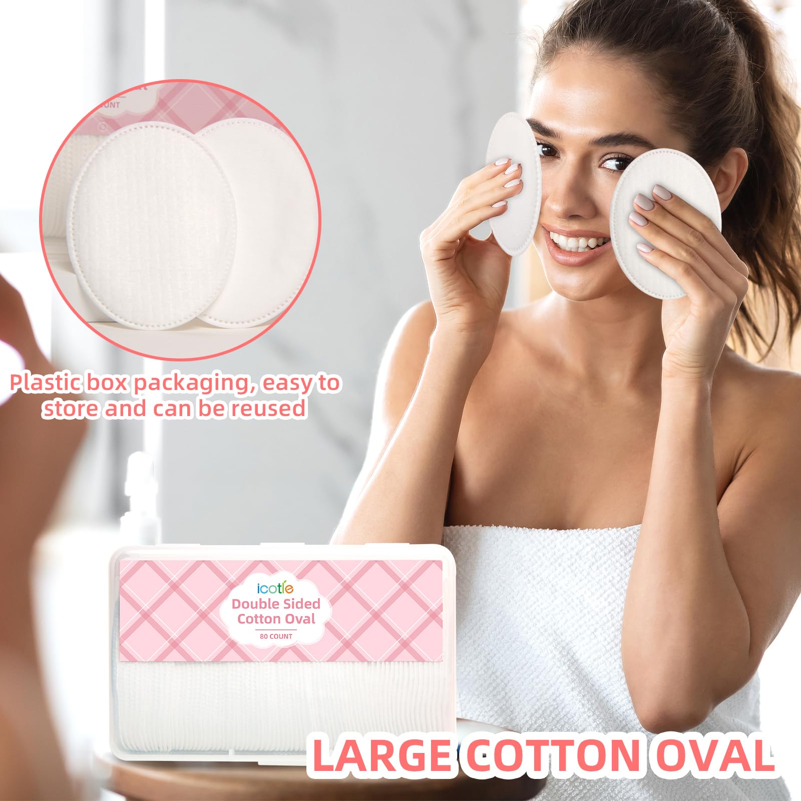 ICOTLE Almohadillas ovaladas grandes de algodón, 80 unidades, multicapa, sin pelusas, de doble cara, almohadillas ovaladas de algodón ultrasuave para eliminación de maquillaje, limpieza y aplicación