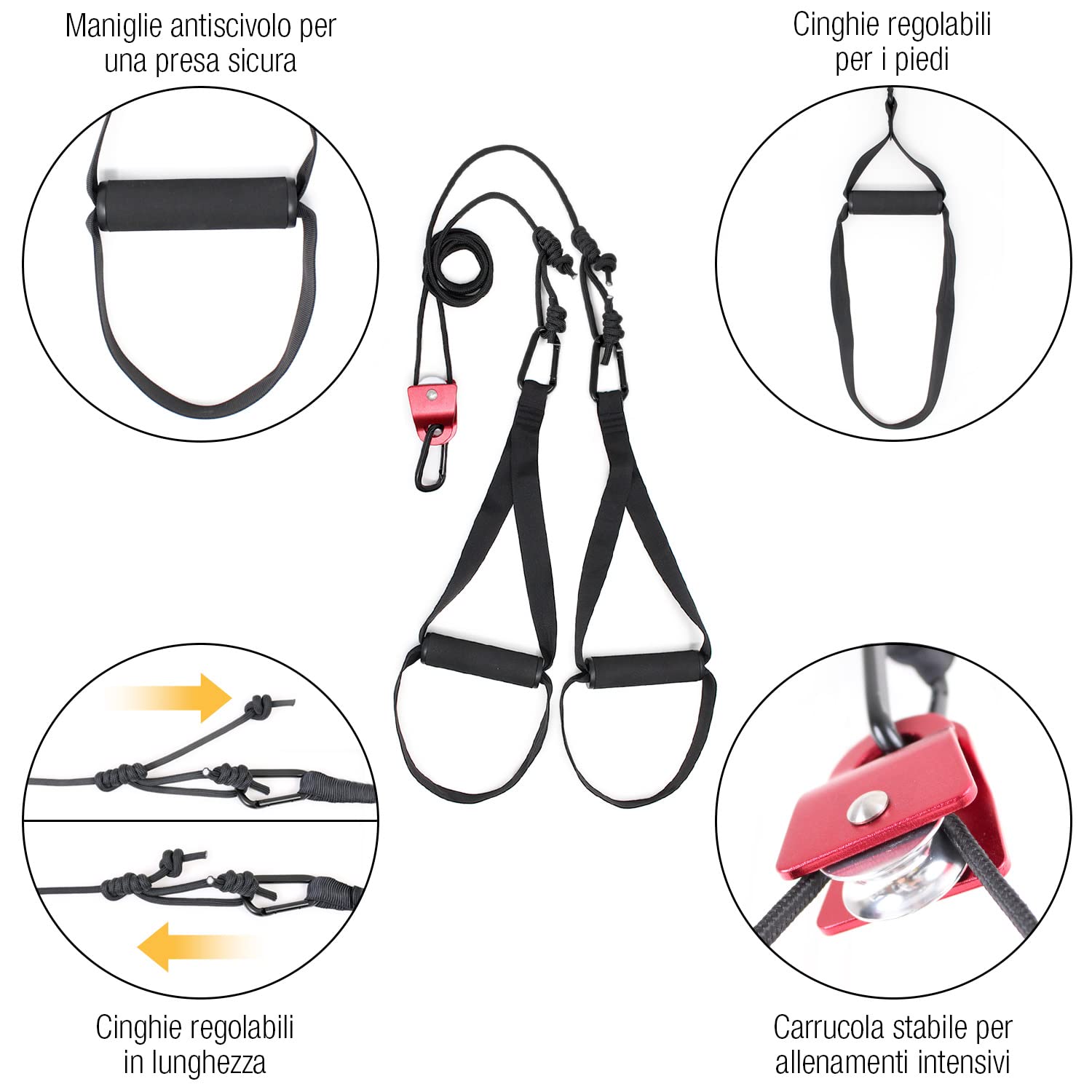 High Pulse Allenamento Sospensione (Set di 7 Accessori) – Suspension Training da casa inclusivo di carrucola, Ancoraggio Porta, Muro, Poster, Borsa, Fascia Fitness e Cartello Porta, TRX
