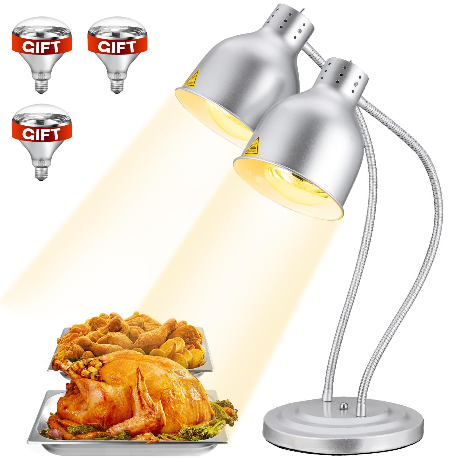 Food Heat Lamp: [Rapid-Heating Bulbs Included] [Steady Heating] Commercial Food Warmer Lamp, Electric Heat Lamp for Food Catering Food Warming Lamp for Buffet Parties (Matte Silver, 32" (2-Head))