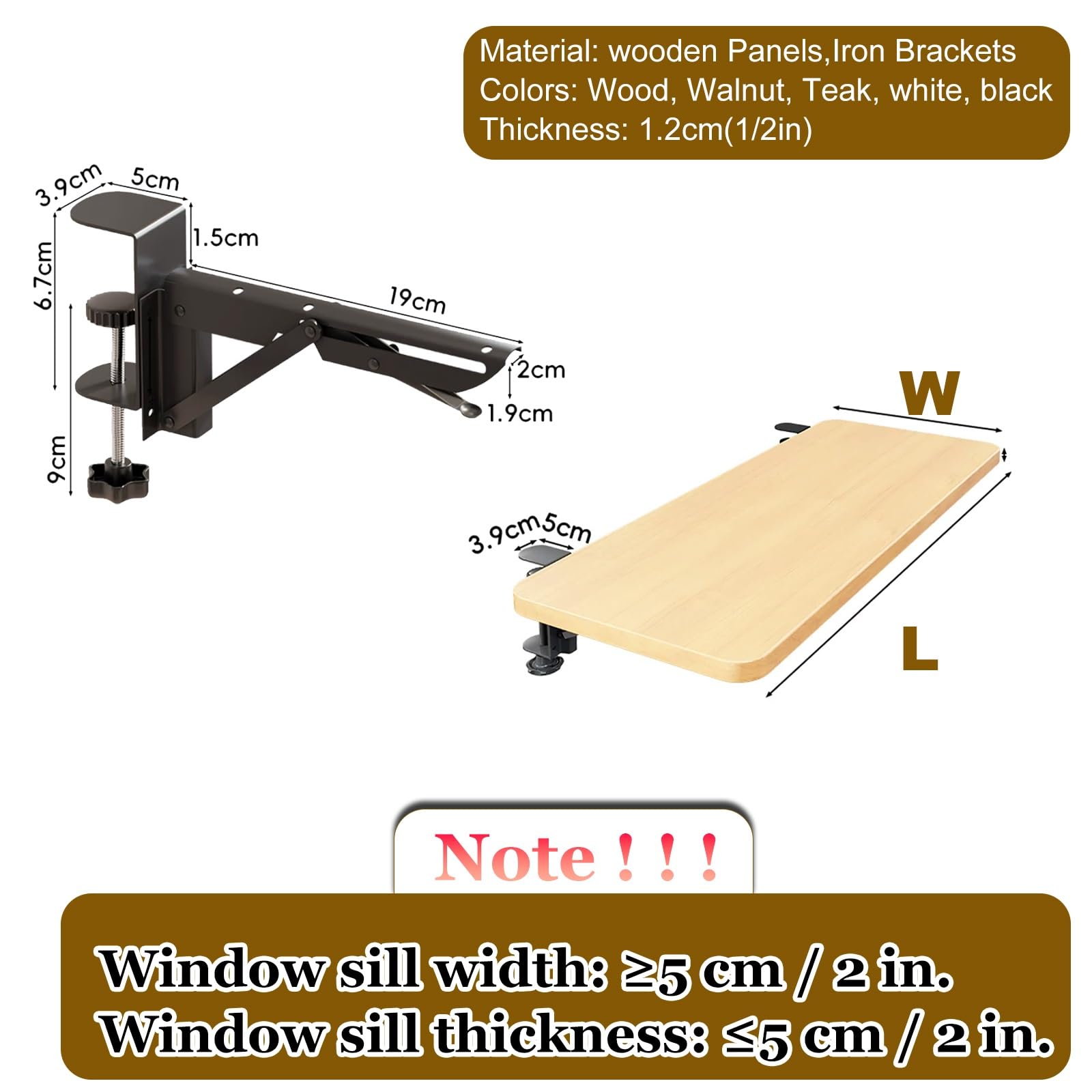 Rallonge de Rebord de fenêtre Extension De Rebord De Fenêtre Large (20-25 Cm) À Fixation par Pince – Bois Naturel Ou Noyer – Installation sans Perçage(Natural Wood,47x10in/120x25cm)
