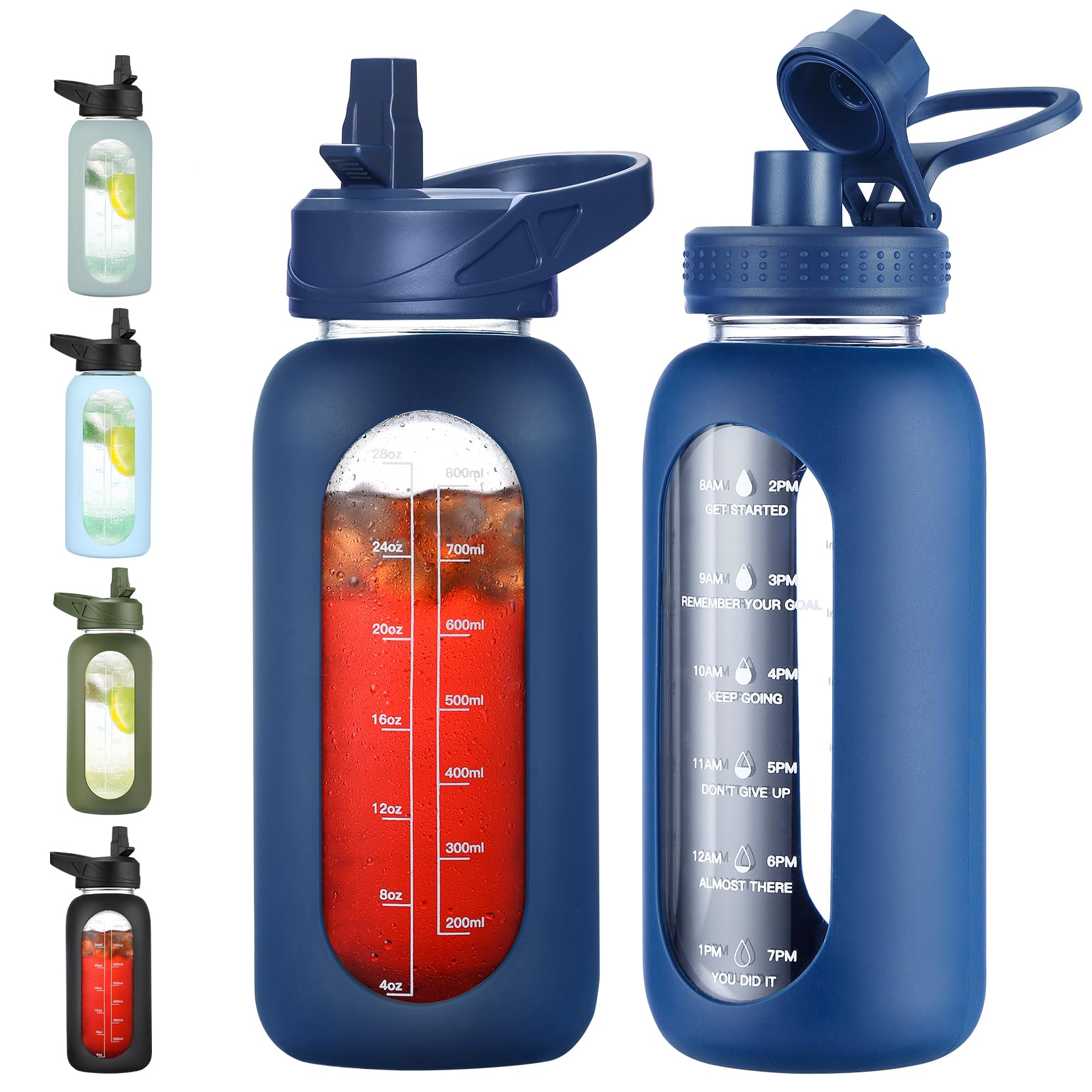 EALGRO 32 oz Glass Water Bottle with Straw and Handle, Sports Motivational Water Flask with Silicone Sleeve, Large Leakproof Water Flask Cup with Time