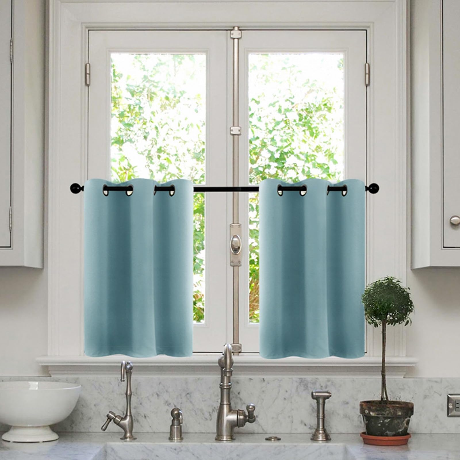 Rideau court occultant bleu à oeillets KnSam pour petite fenêtre de cuisine 86x114.5cm