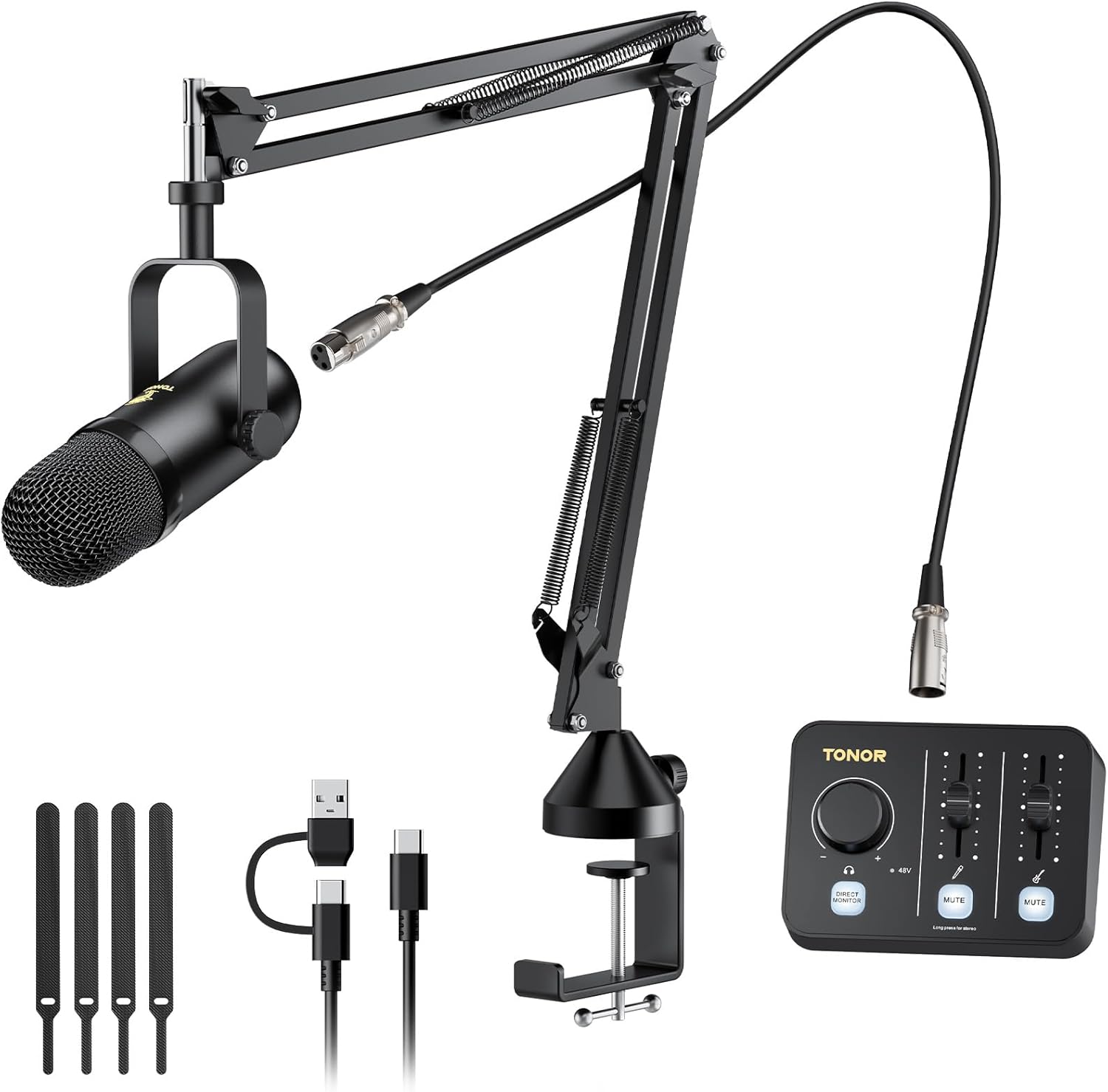 TONOR Podcast Equipment Bundle, Audio Mixer with Dynamic Microphone and Boom Arm Set, XLR Mic with Studio Audio Interface, Desk Mic Arm, All-in-One Pack for Recording, Podcasting, Streaming, POD-1