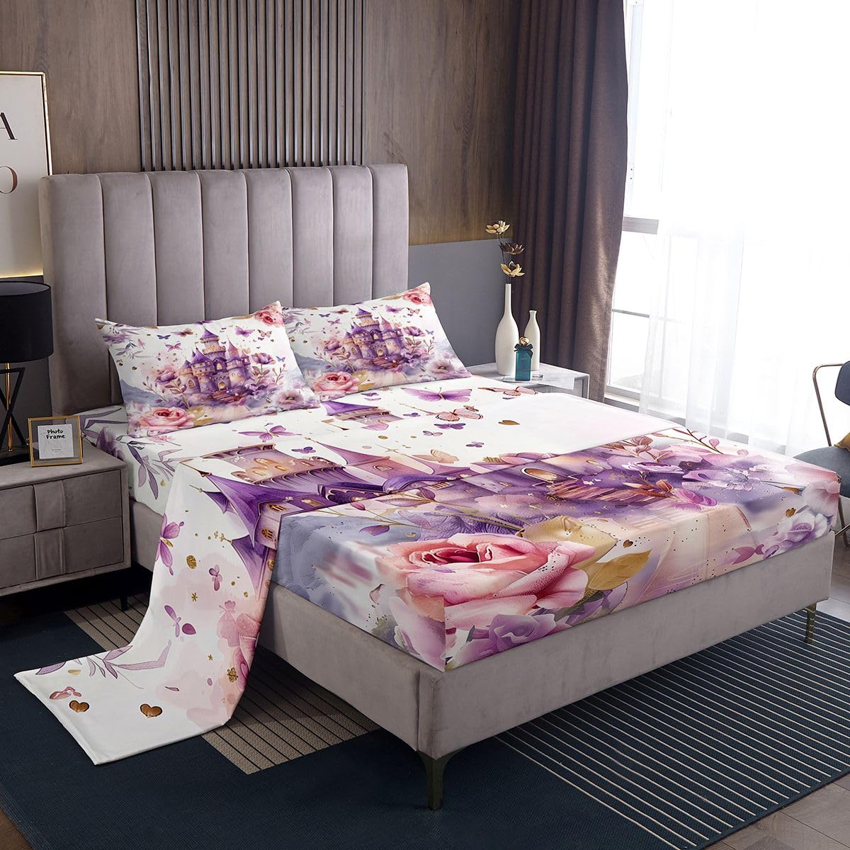 jejeloiu Princess Bed Sheets Set Queen Size Purple Castle Bed Set Cute Deep Pocket Fitted Sheet Kawaii Breathable Soft Lightweight Microfiber Purple