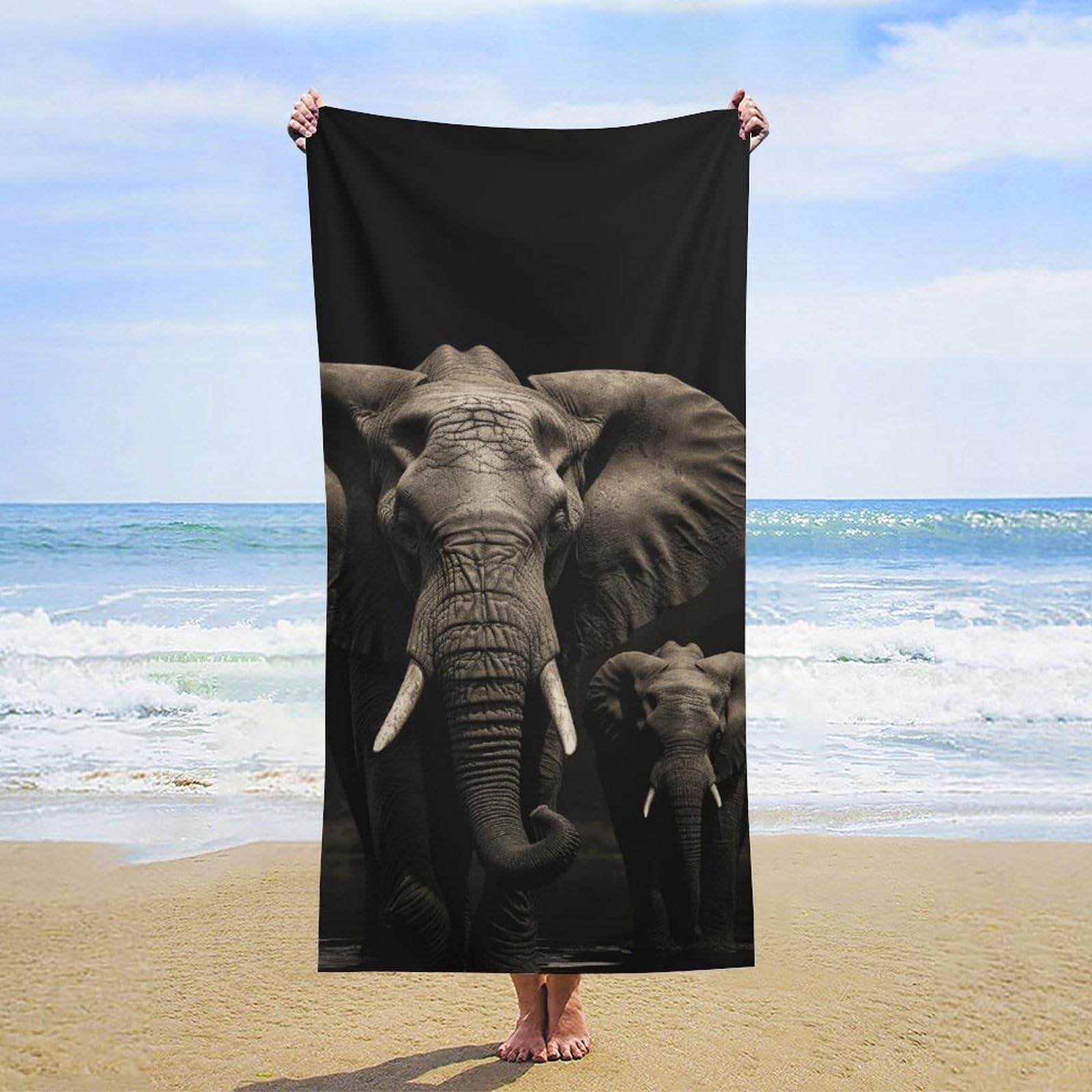 NTVOWPZO Elephant Black Beach Towel Oversized Microfiber Bath Towels Lightweight Sand Proof Beach Towels Absorbent Pool Towels for Swimming Yoga Bathroom Towel 31.5" X 63"