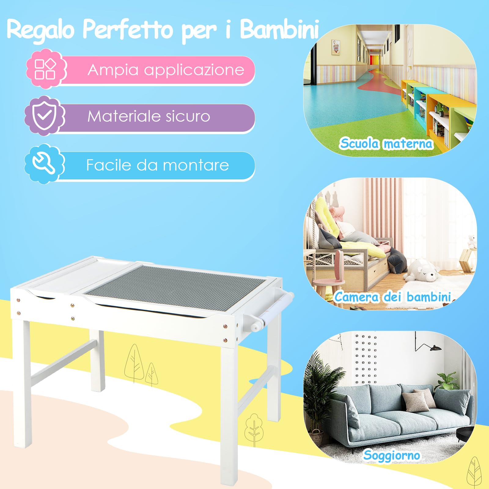 RELAX4LIFE Tavolo da Gioco per Bambini in Legno 80x60x57CM, Tavolo da Costruzione Reversibile con Vassoio a Doppia Faccia, Rotolo di Carta e Carta, 3 Cubi (BIANCO)