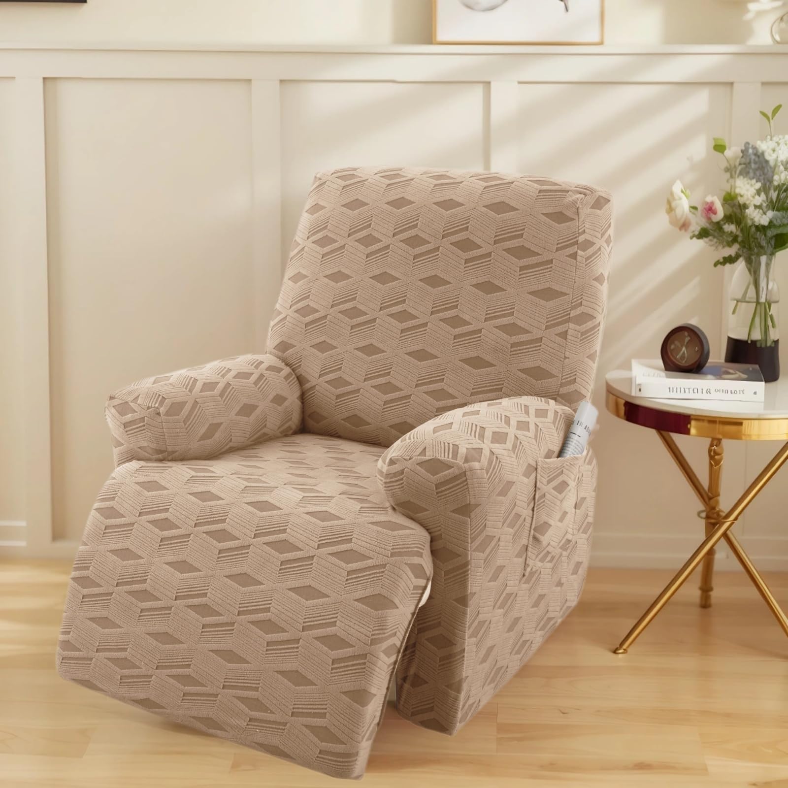 OKYUK Recliner Chair Covers - Stretch Jacquard Recliner Cover, Furniture Protector for Kids & Pets, Anti-Slip Recliner Covers with Side Pockets for Storage (Taupe Checkered, 1 Seater)