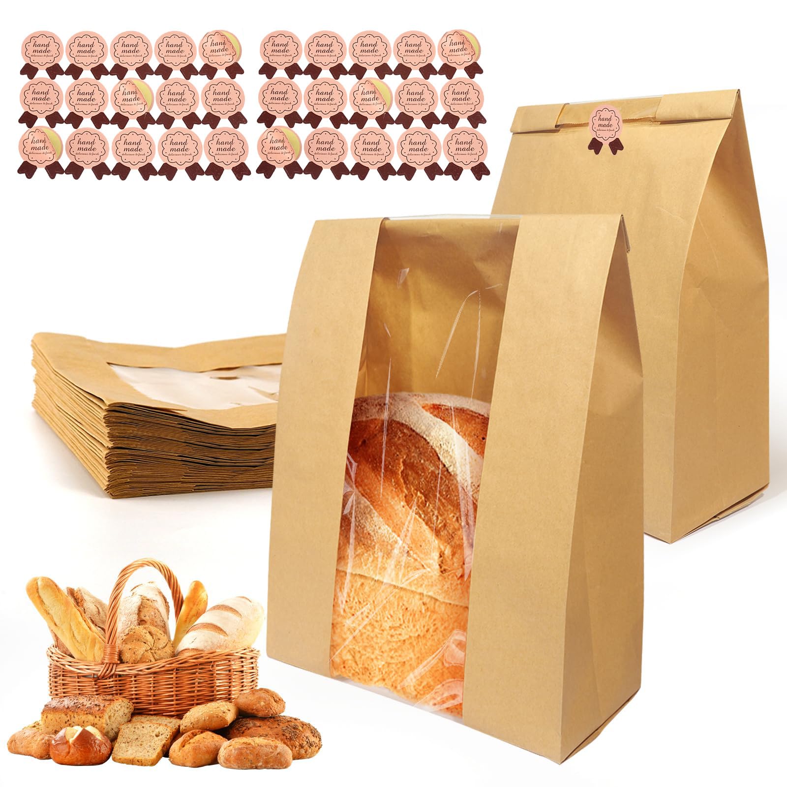 Jnylyfc Paper Color Bread Bags With Window, 30 Pack Sourdough Bread Bags For Homemade Bread Storage | Kraft Paper Bakery Bags For Cookies, Snacks & Gifts | Includes 30 Sealing Stickers (13.7X8.2x3.5 In)