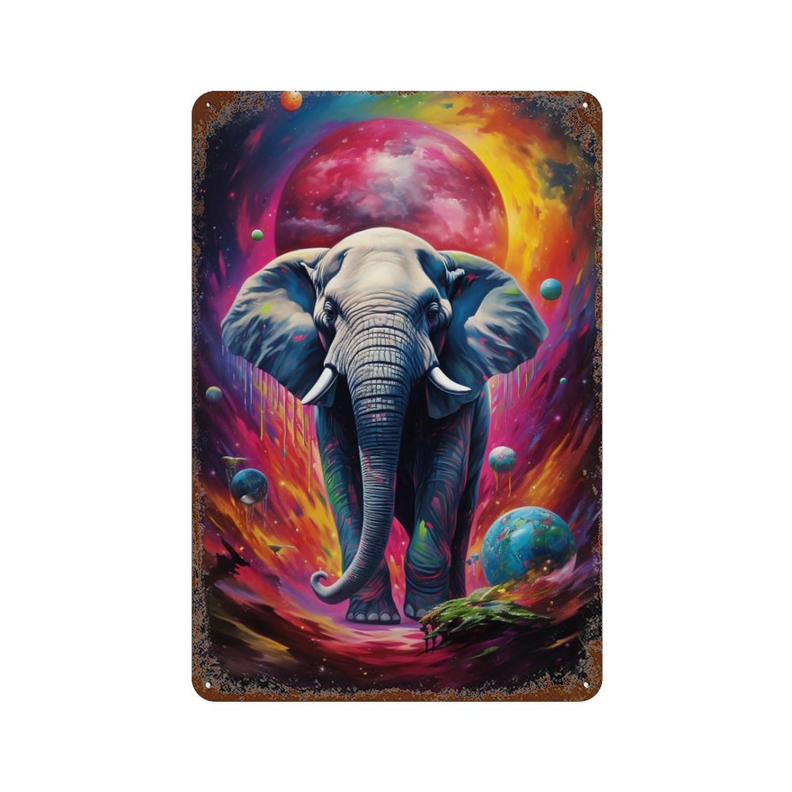Rust Effect Cosmic Elephant Journey Distressed Metal Wall Sign 11.8"x7.9", Farmhouse Wall Decor for Office, Studio And Wall Decor