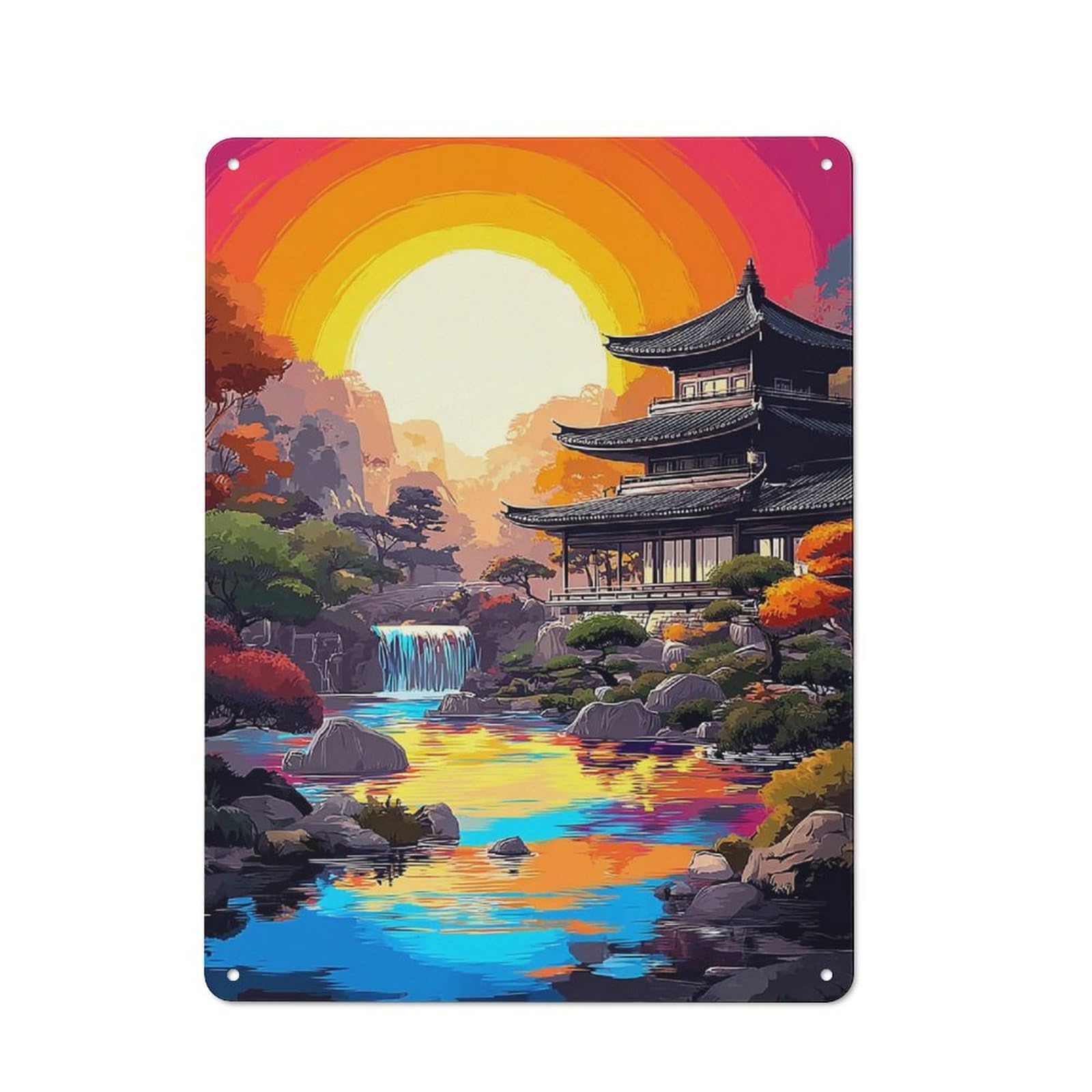 Junmoney Serene Sunset In Traditional Japanese Garden Shop Front Style Decorative Metal Plaque 40X30cm, Shop Wall Decor For Cafe, Bistro, Bakery Or Restaurant