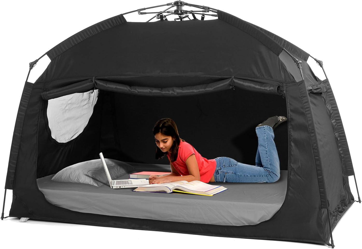 Indoor Instant Privacy Bed Tent for Sleeping,Quick Set-up Bed Canopies,Portable Bed Drapes with Large Space and 3 Doors (Black, Twin) Tw" Black