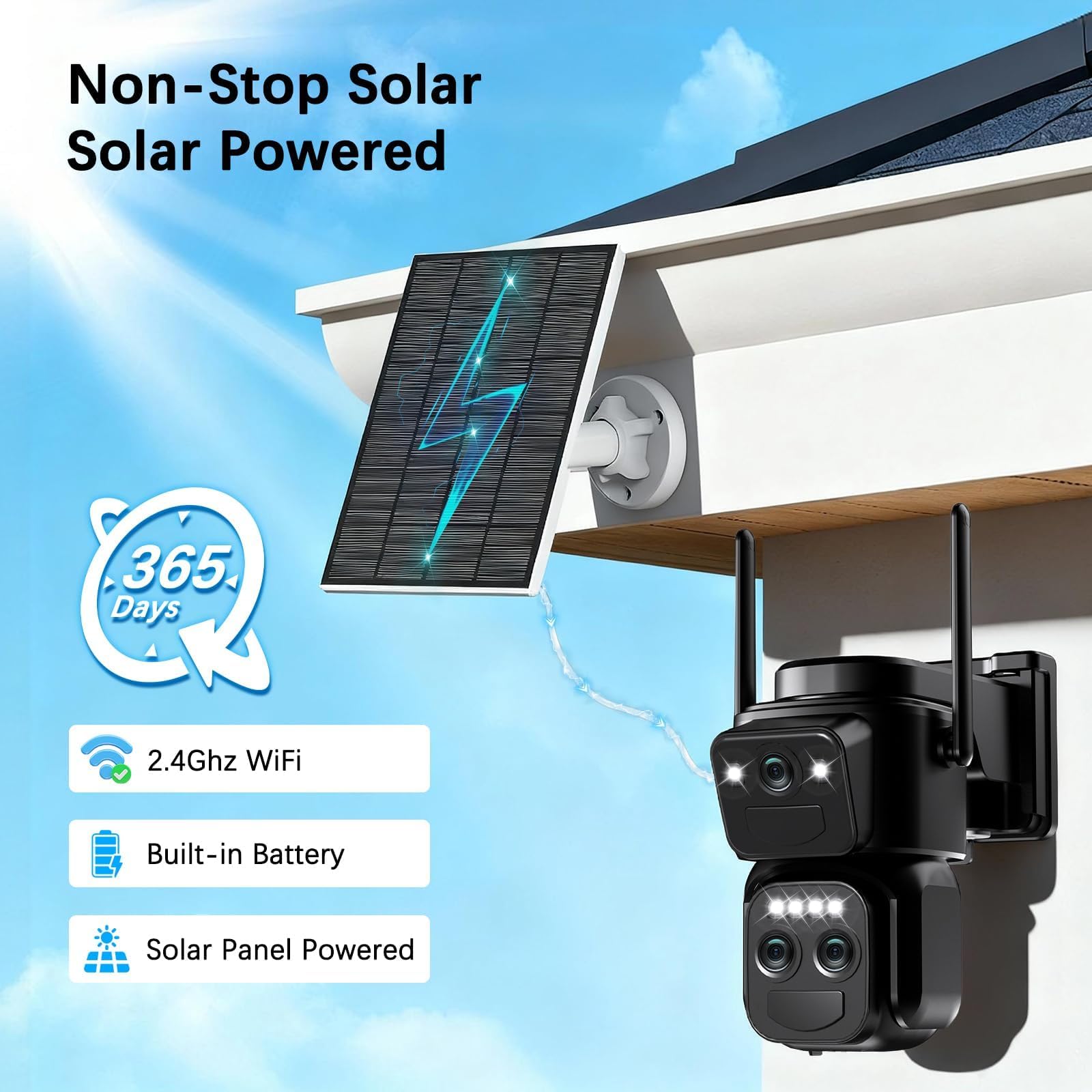 8MP Triple Lente Camara Vigilancia WiFi Exterior con Panel Solar,10X Cámara Exterior Detección Humana PIR Doble,Visión Nocturna en Color, Audio Bidireccional,Seguimiento Automático,Sirena,IP66,2.4GHz