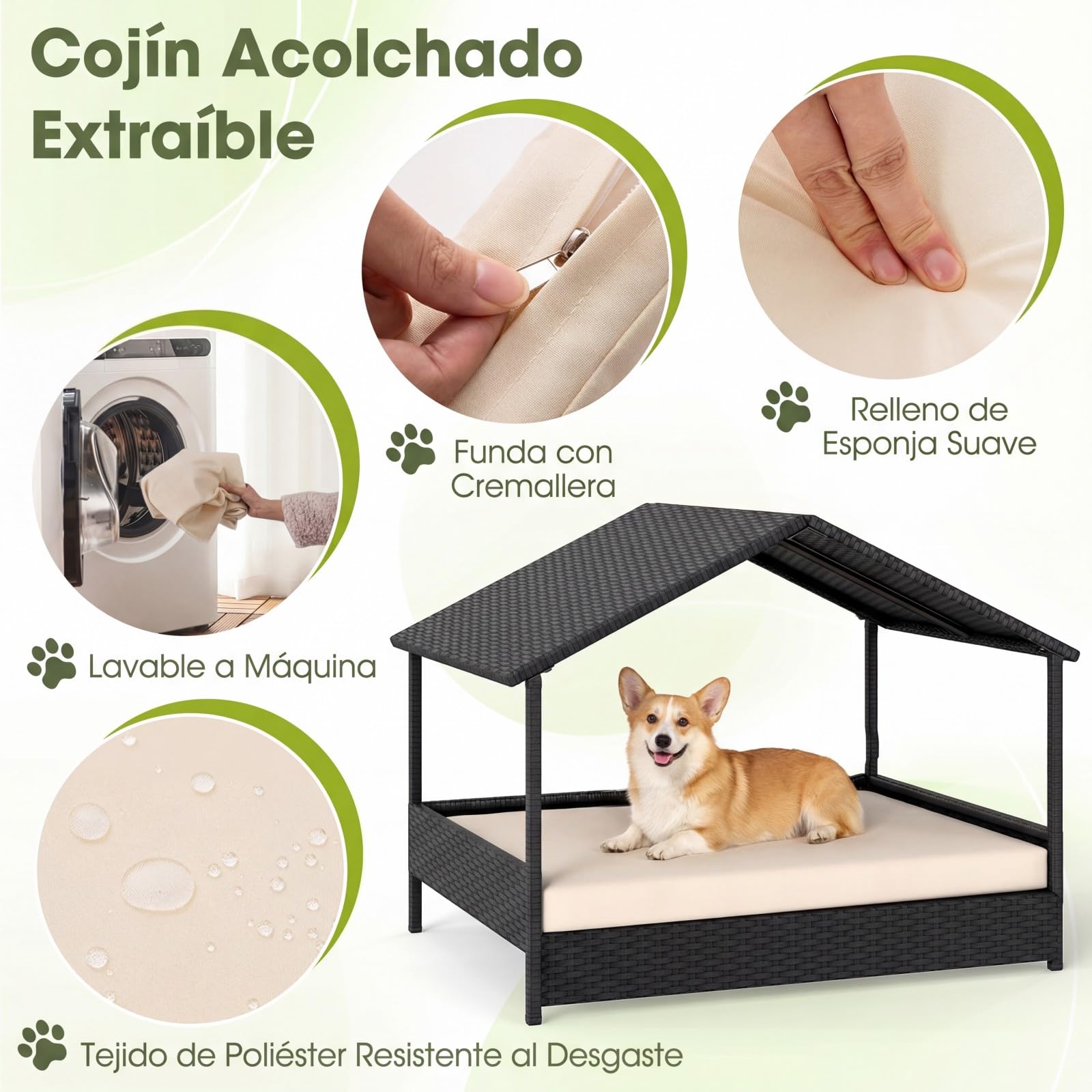 COSTWAY Caseta para Perros Exterior e Interior, Casa Perro de Ratán Grande con Dosel, Base Elevada, Cojín Removible, Estructura Metálica, Cama Elevada para Mascotas, Carga 60 kg, 98x69x74 cm (Beige)