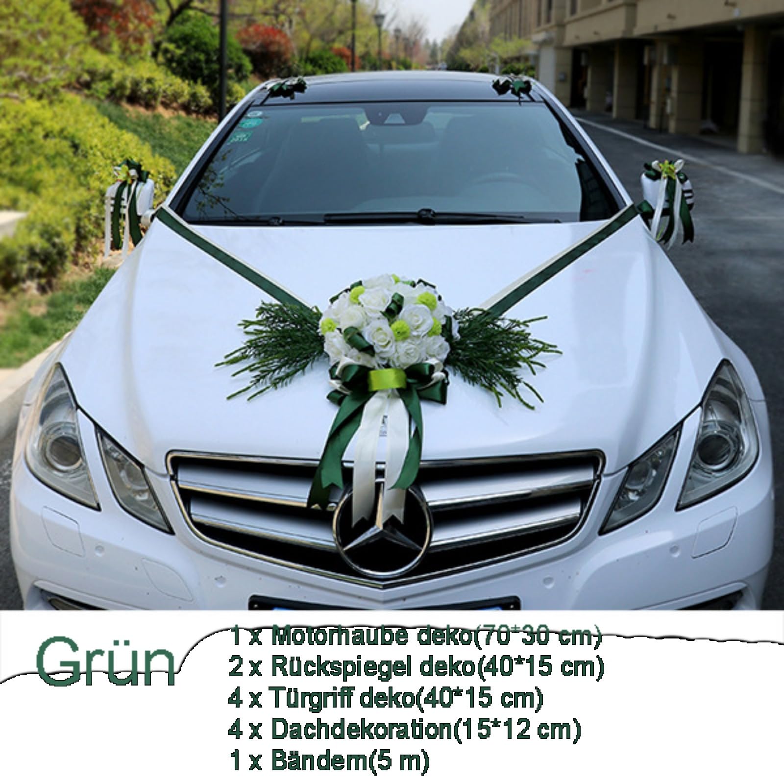 12 Stück Set Hochzeit Autoschmuck, Hochzeit Autoschleifen mit Saugnäpfen, Rückspiegel Türgriff Motorhaube Künstliche Blume für Hochzeit Empfang Zeremonie (Grün)