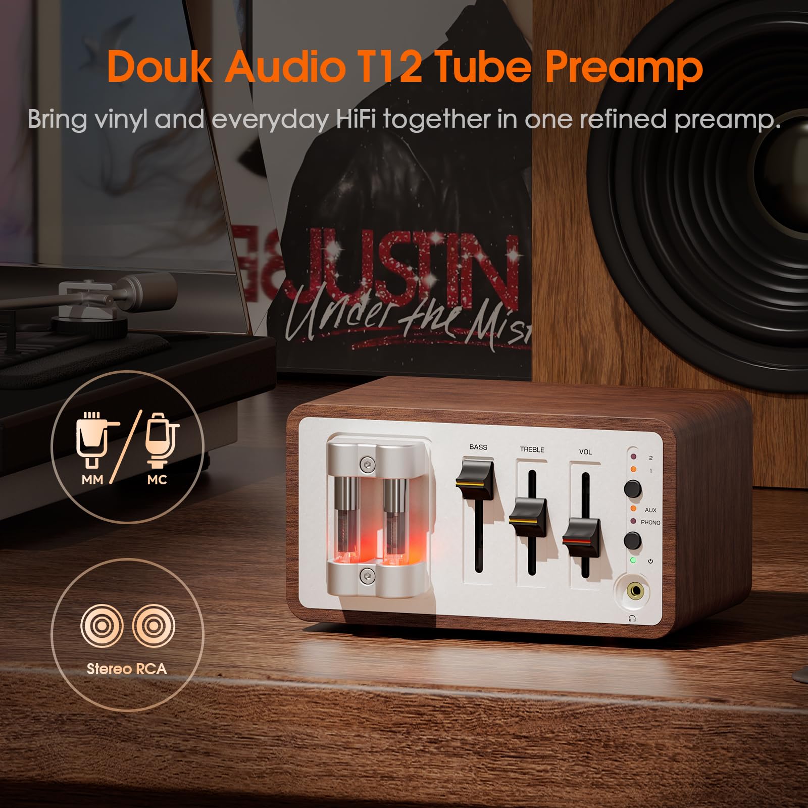 Douk Audio Tubi Phono preamplificatore MM/MC per giradischi, preamplificatore audio mini retrò per cuffie