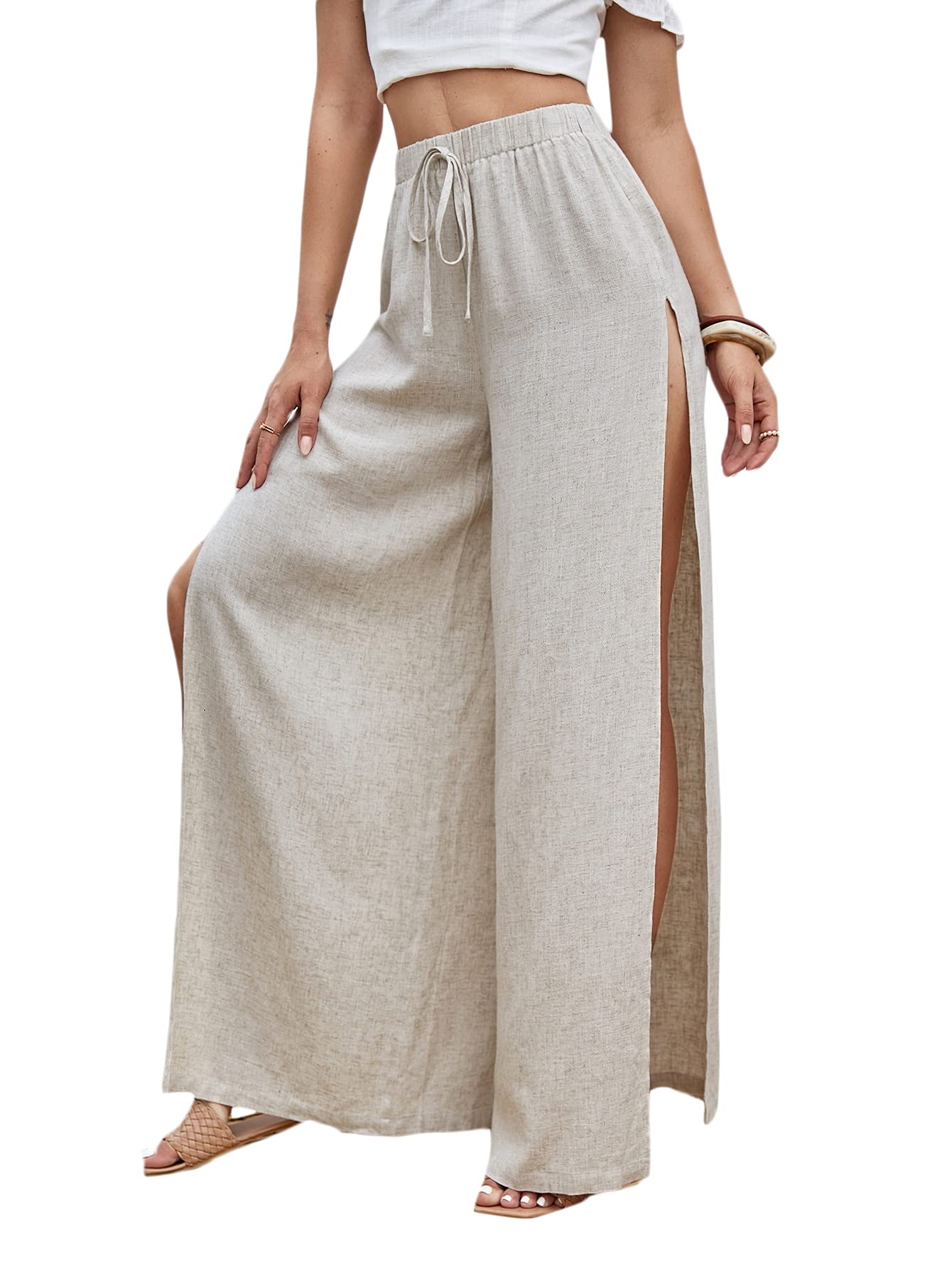 WDIRARA Womens Tie Front Elastic Waist Split Side Wide Leg Casual Pants
