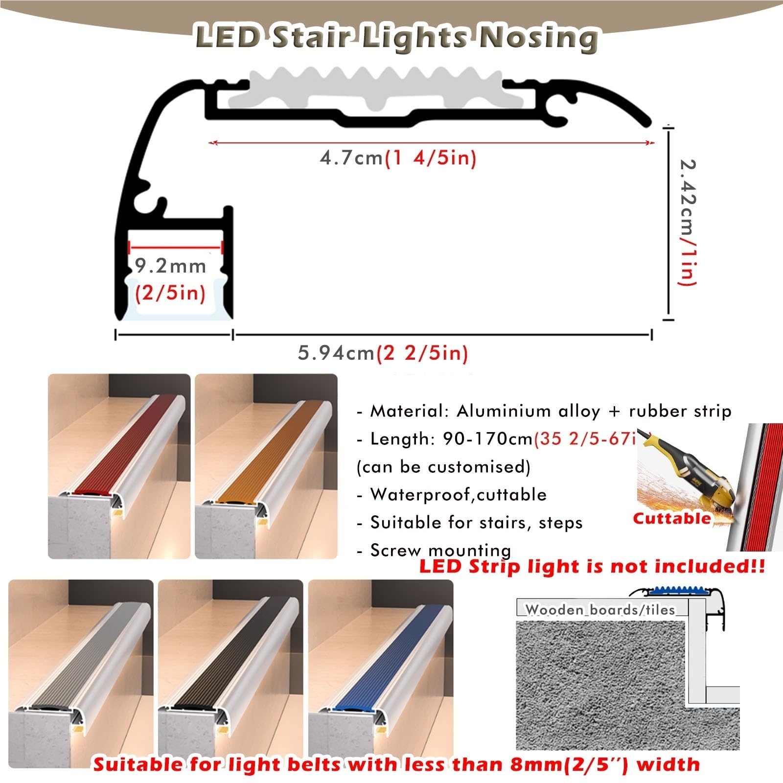 Borde de metal antideslizante para escalera, canal LED de 43 pulgadas con tiras de seguridad, paquete de 5 protectores de borde negro para perfiles de escalera