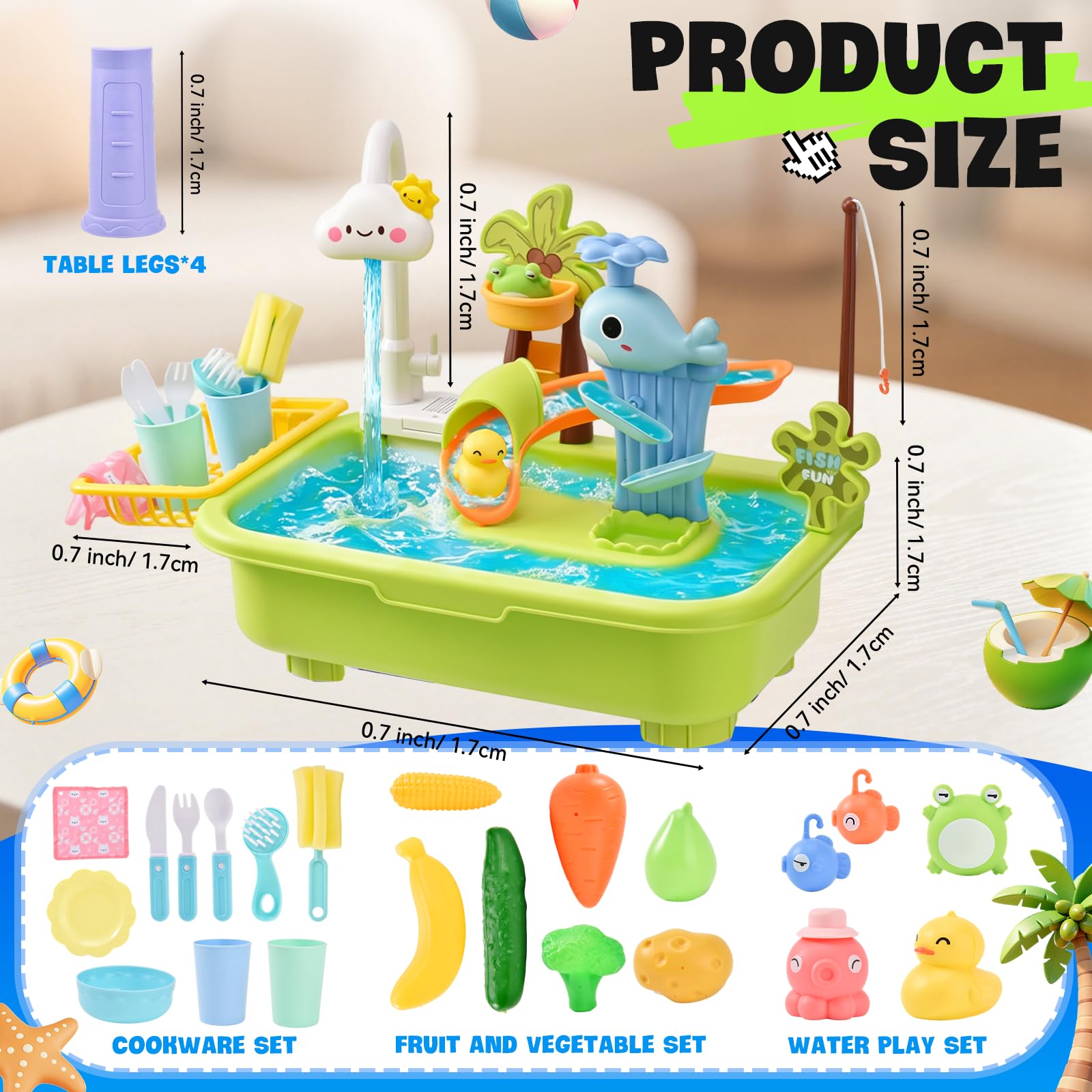 Table de Jeu 4-en-1 pour Enfants avec Pompe, Table d‘Eau avec Évier, Jeu de Pêche et Toboggan Aquatique, Table d’activité Sensorielle pour Enfants de 3 Ans et Plus