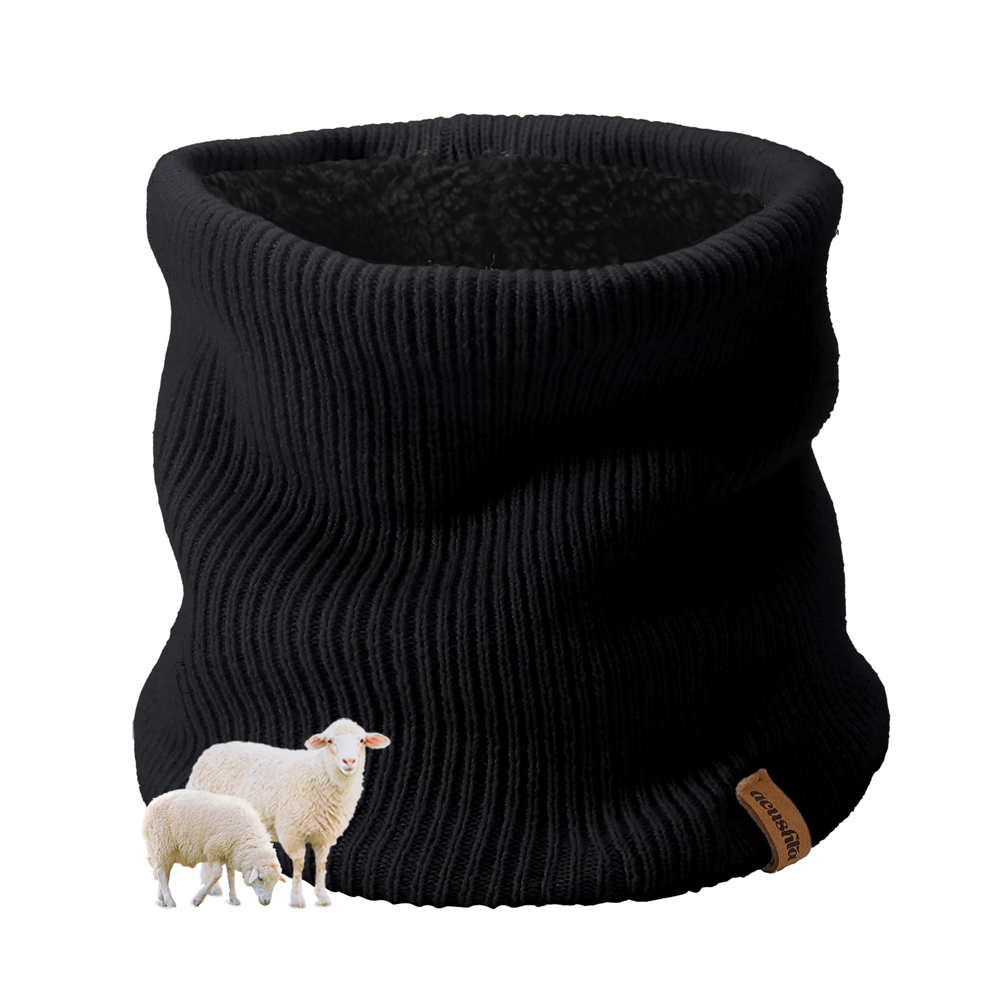 ACUSHLA Merino Wool Neck Gaiter for Men & Women - Fleece Lined Heavyweight Warm Knitted Scarf Neck Warmer Ski Face Mask (Black)