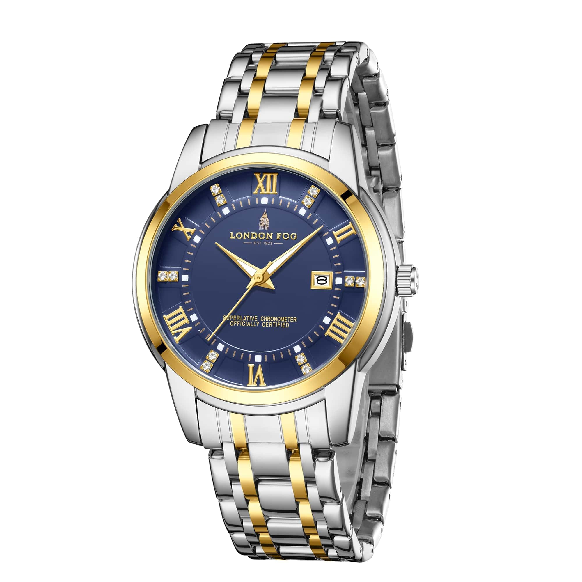 Regent Collection Analog Watch for Men with Round Dial, Roman Numerals, Crystal Hour Markers, Date Display & Stainless Steel Strap
