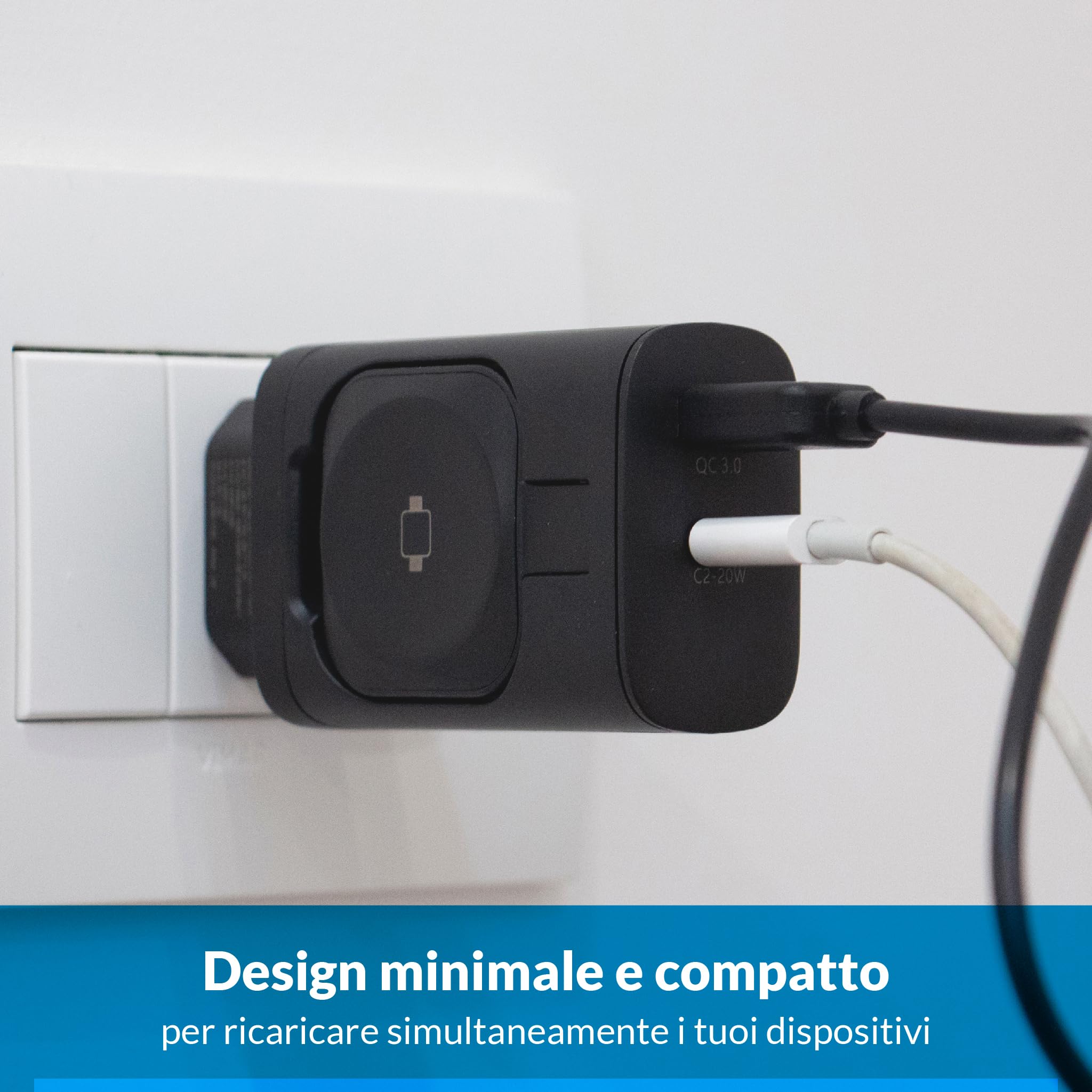 Alimentatore 3-in-1 23W Veloce con Supporto Pieghevole – Caricatore USB Multiplo con Ricarica senza fili per Smartwatch, Smartphone e Auricolari, Stazione di Ricarica Compatta da Viaggio