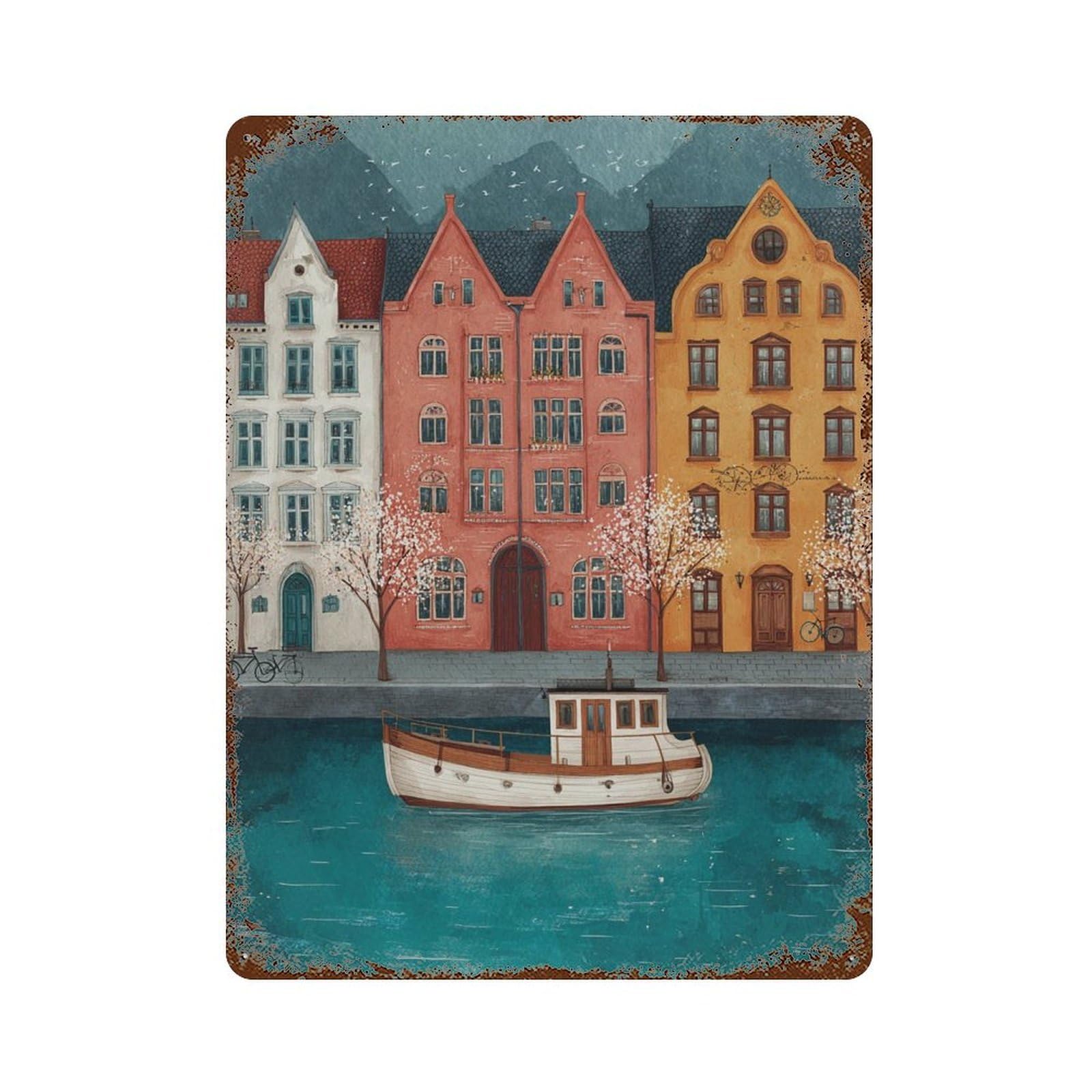 xiaoxiaoshen Scandinavian Coastal Colorful Nordic Houses Whimsical Waterfront Living Room And Wall Decor Art Metal Tin Poster Modern Home Decor Art Home Bar Shop Decorations Vintage Sign 40x30cm