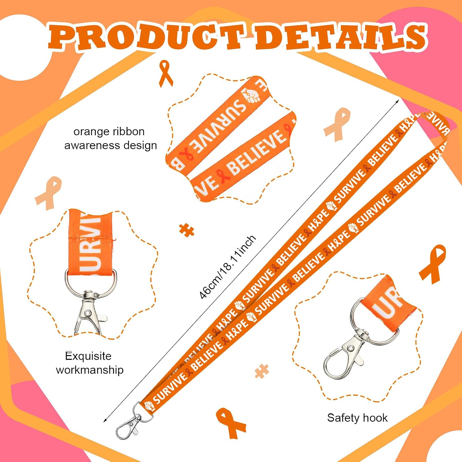 60 Pcs Orange Ribbon Lanyard Multiple Sclerosis Gun Violence Prevention Awareness Neck Lanyards Bulk with Badge Clip for Cancer Adhd Souvenir Gifts Raise Awareness Charity Fundraiser Supplies