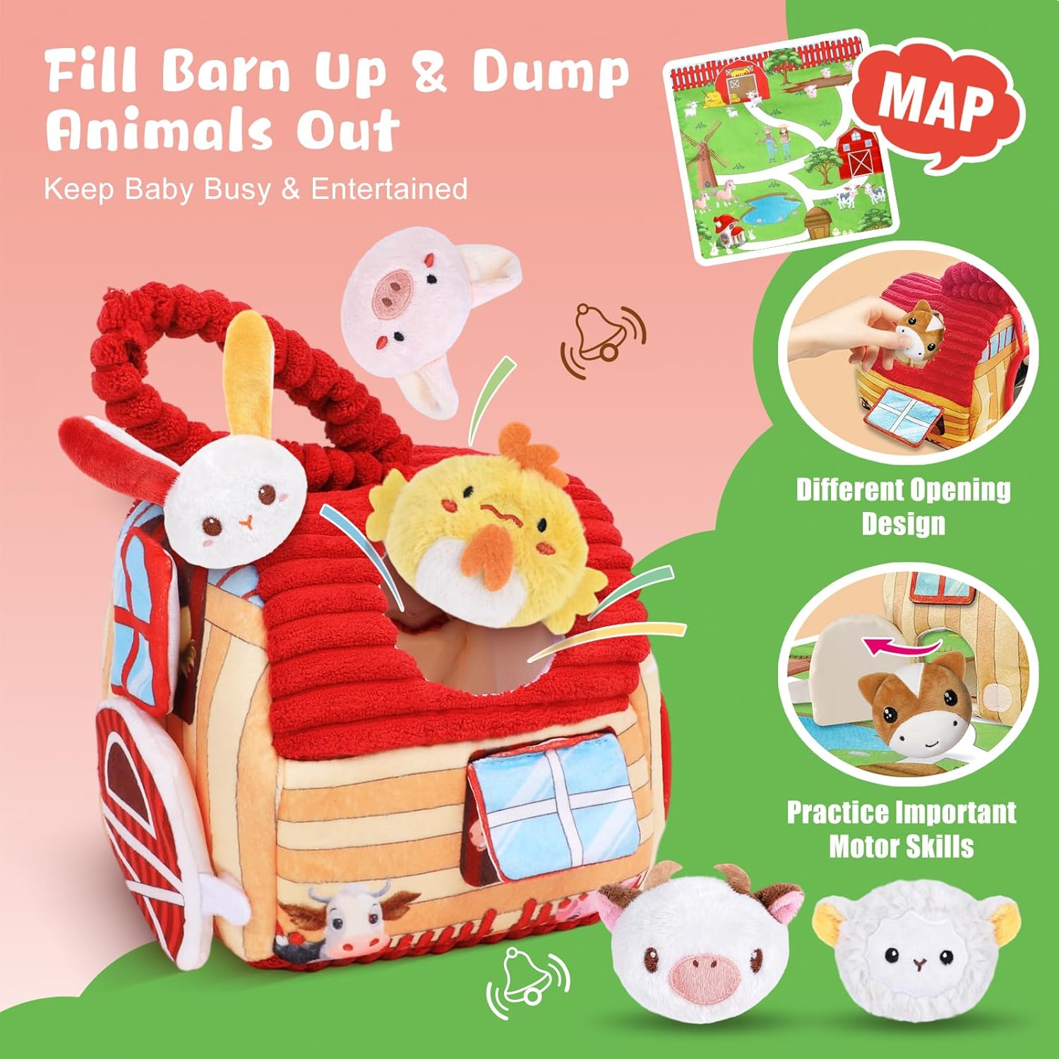 Baby Toys for 6-12 Months, Barn Stuffed Farm Animals with Sounds & Ring, Plush Animals Toys Have Mirror Montessori Educational Toys Sensory for Developmental for Infants & Toddler Toy Gift