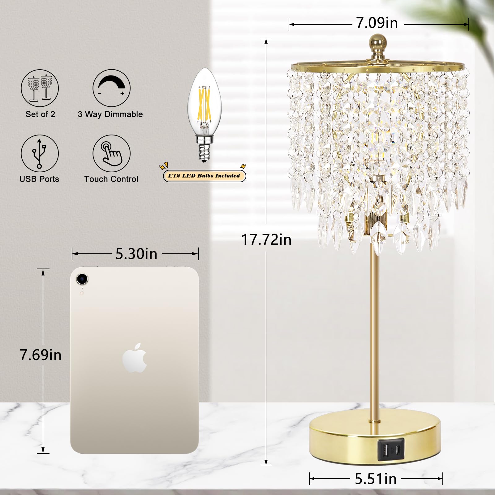 Touch Control Crystal Table Lamp With USB C A Charging Ports, 3-Way Dimmable Bedside Touch Lamp Decorative Nightstand Lamp With Elegant Lampshade For Living Room Bedroom, B11 LED Bulb Included