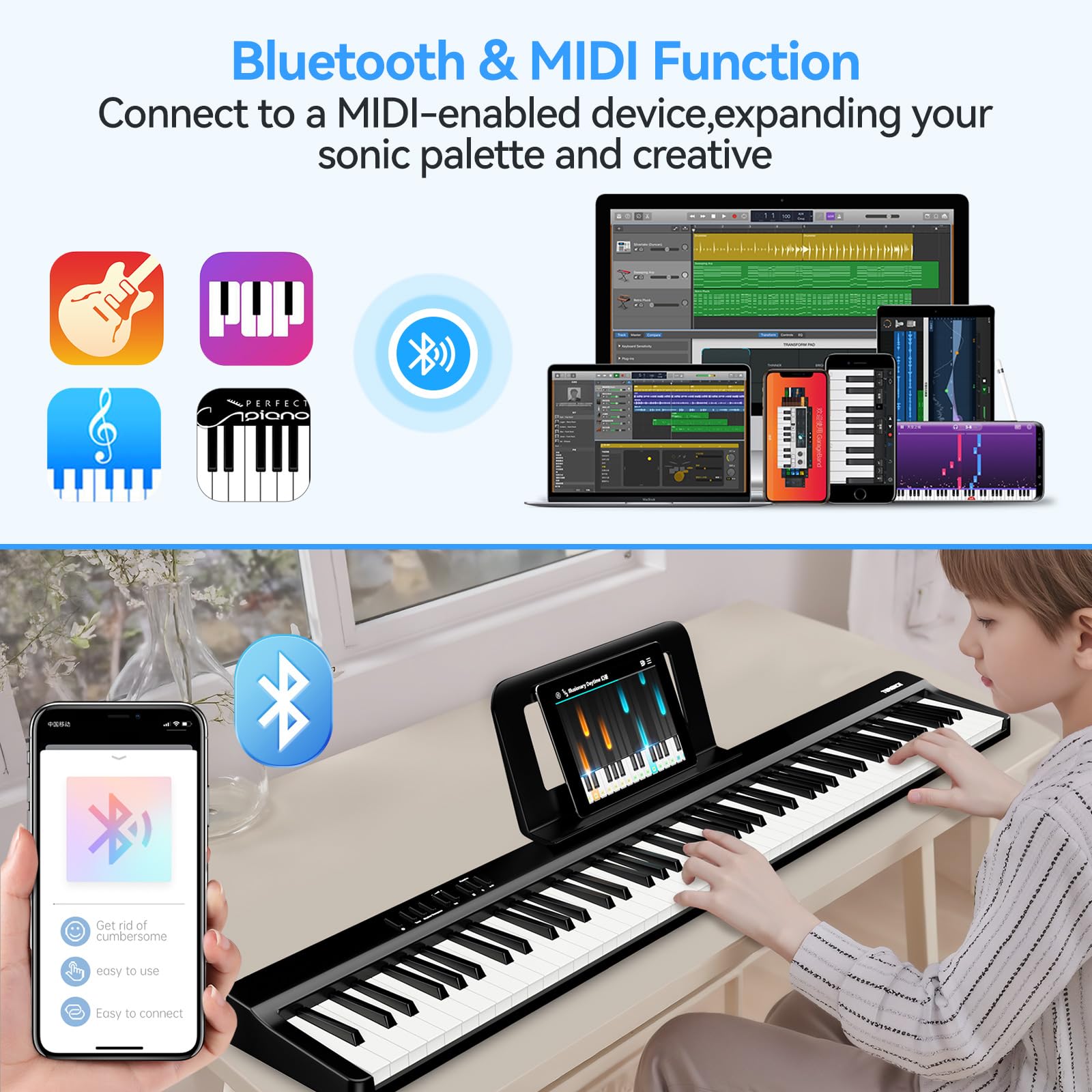 Piano Numérique Portable 88 Touches Pianos avec Z Support TERENCE Clavier de Piano Semi-lesté 88 Touches pour Débutants et Experts, Fonction d'enregistrement audio intégrée Interface Bluetooth MIDI