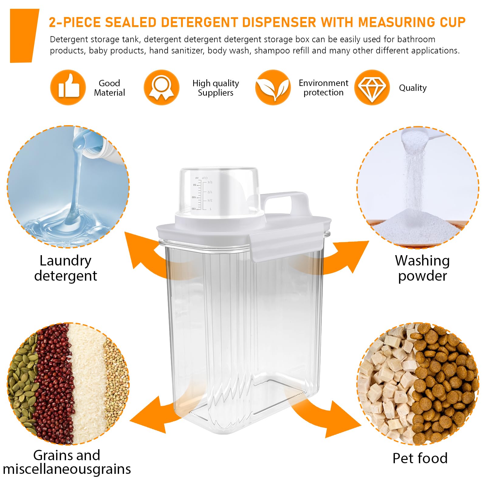 2 dispenser per detersivo ermetico da 2000 ml, con misuratore: detersivo in polvere, dispenser multiuso per detersivo, per detersivo in polvere, per detersivo, cereali