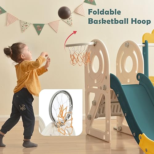 Miniatura 6 de Merax Tobogán y columpio para niños pequeños juego de tobogán independiente con aro de baloncesto para interiores y exteriores patio trasero tobogán