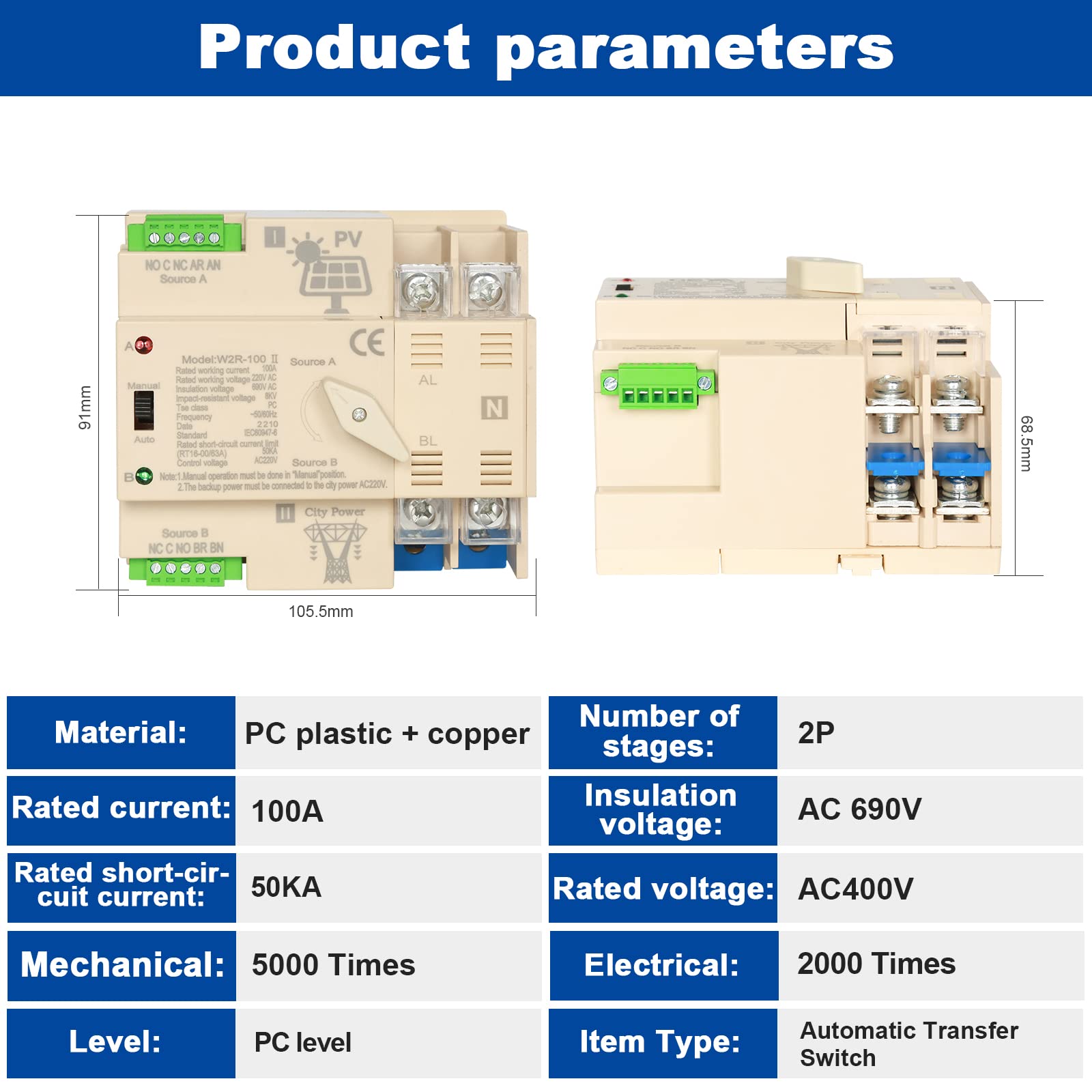 DEWIN Automatischer Transferschalter, Dual Power Automatischer Transferschalter ATS Elektrischer Wahlschalter für PV Anlage Hutschiene Montage 2P 100A AC 220V