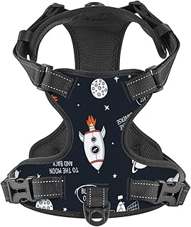 No Pull Dog Harness for X-Large Dogs Easy Walk Dog Vest Adjustable Collars Harnesses & Leashes Set Breathable Oxford Outdoor Walking Safety Reflective Strip Space Rocket Planet Prints