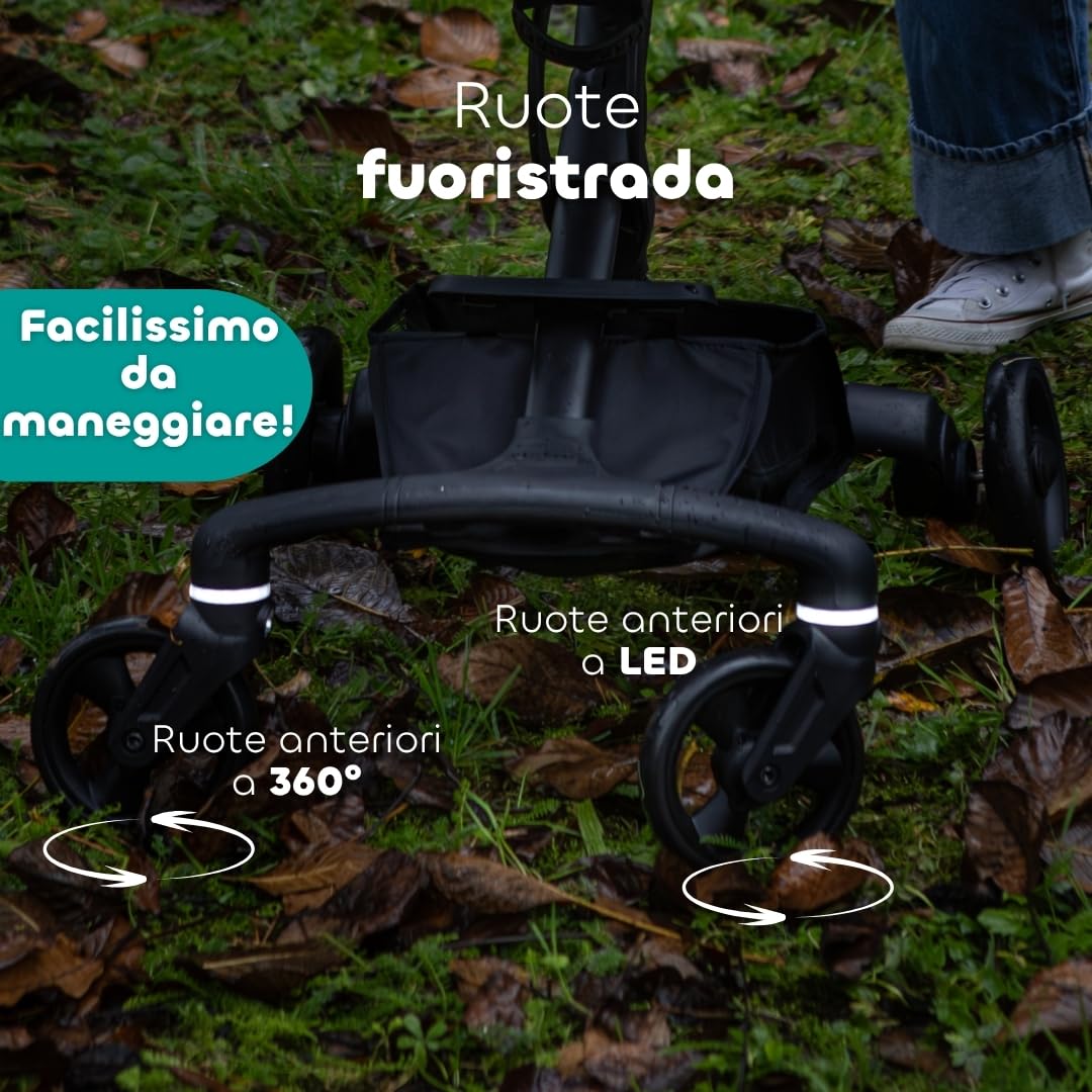 BÉABA X Micro Mobility Baby Cruiser Passeggino Dalla Nascita, Seduta Girevole 360°, 7 Posizioni, 3 Inclinazioni, Chiusura Una Mano, Ruote LED, Imbracatura 5 Punti, Cappottina UPF 50+, Pralinato