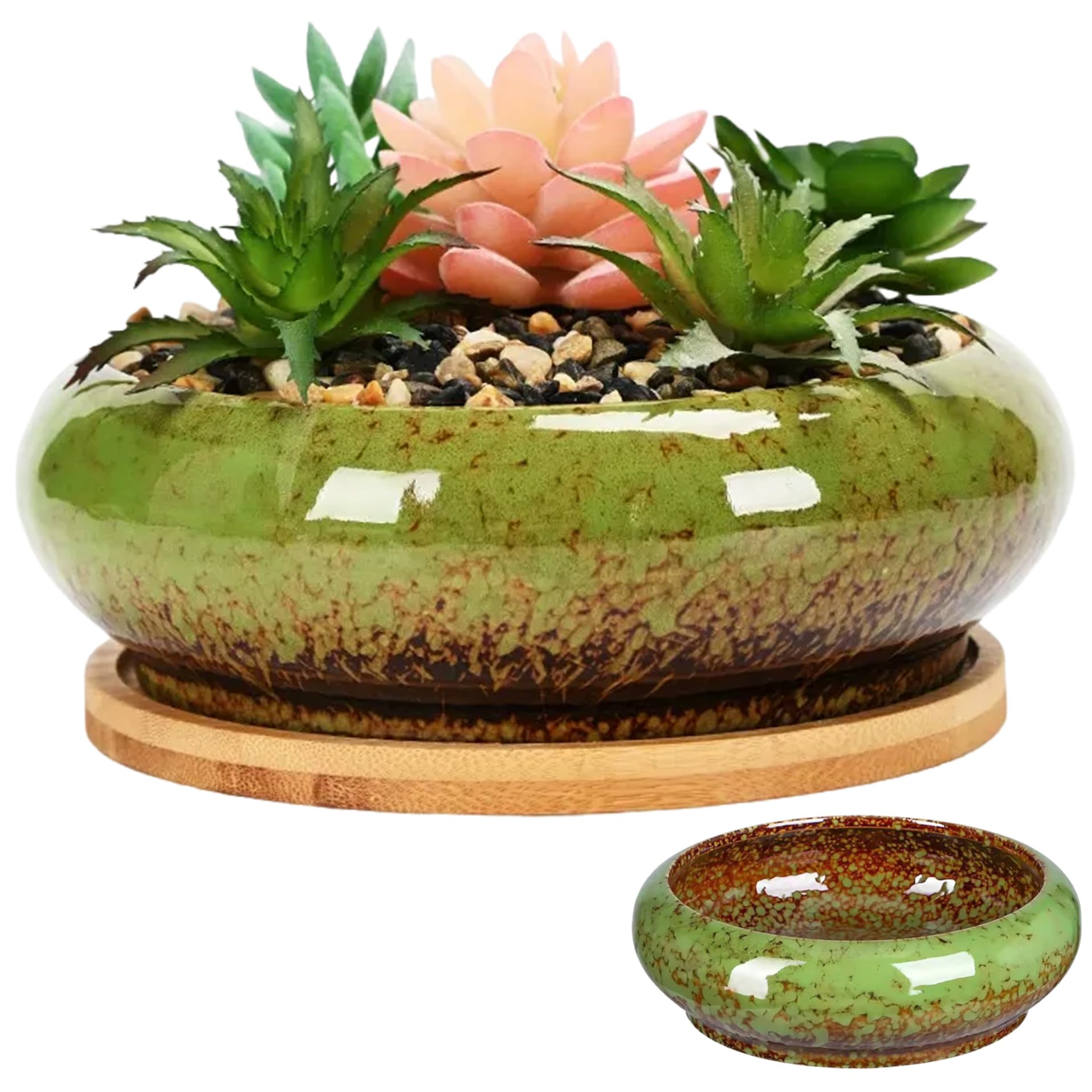 Mskmnkot Lotus Bowl Planter Ceramic Glazed Lotus Bowl 7x2in Round Decorative Shallow Hydroponic Planter Without Drain for Water Lily, Green