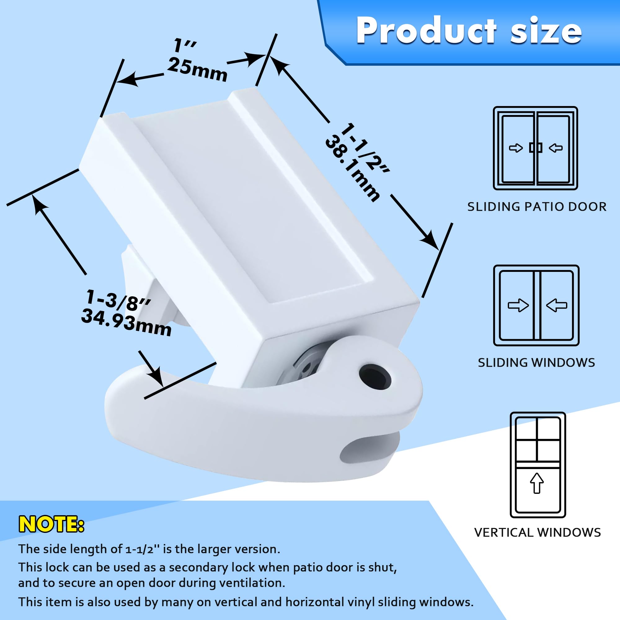 Lot de 5 verrous de fenêtre, design durable moulé sous pression, compatible avec les fenêtres horizontales et verticales, convient aux rails de 0,16 cm jusqu'à 3,38 cm de large, installation facile