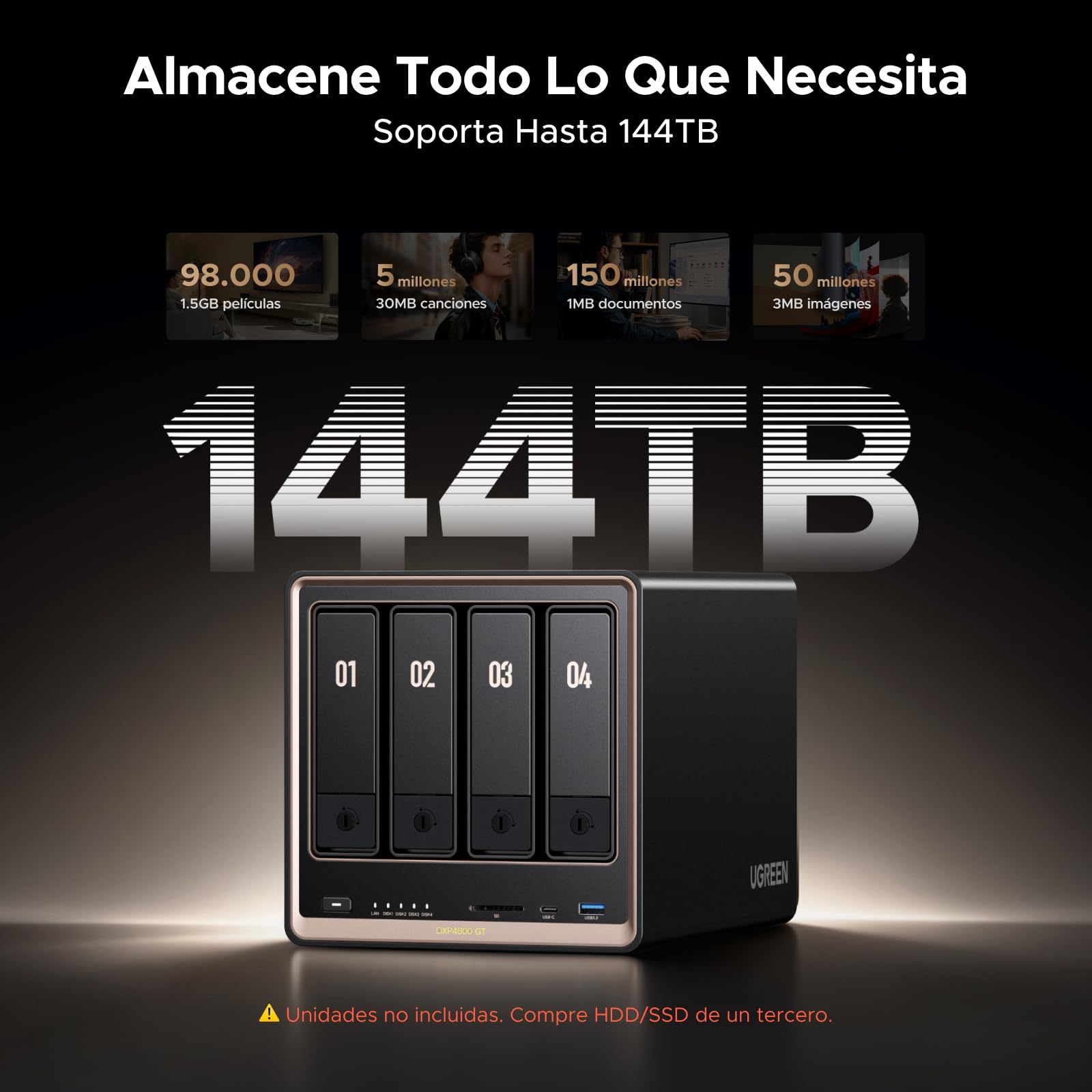 UGREEN NASync DXP4800 GT NAS 4 bahías, Dual LAN 10GbE, CPU AMD Ryzen Embedded R2514, 8GB RAM, Support ECC, Ranura SD, Doble M.2 NVMe, HDMI 4K, Centro vigilancia (Sin Discos)