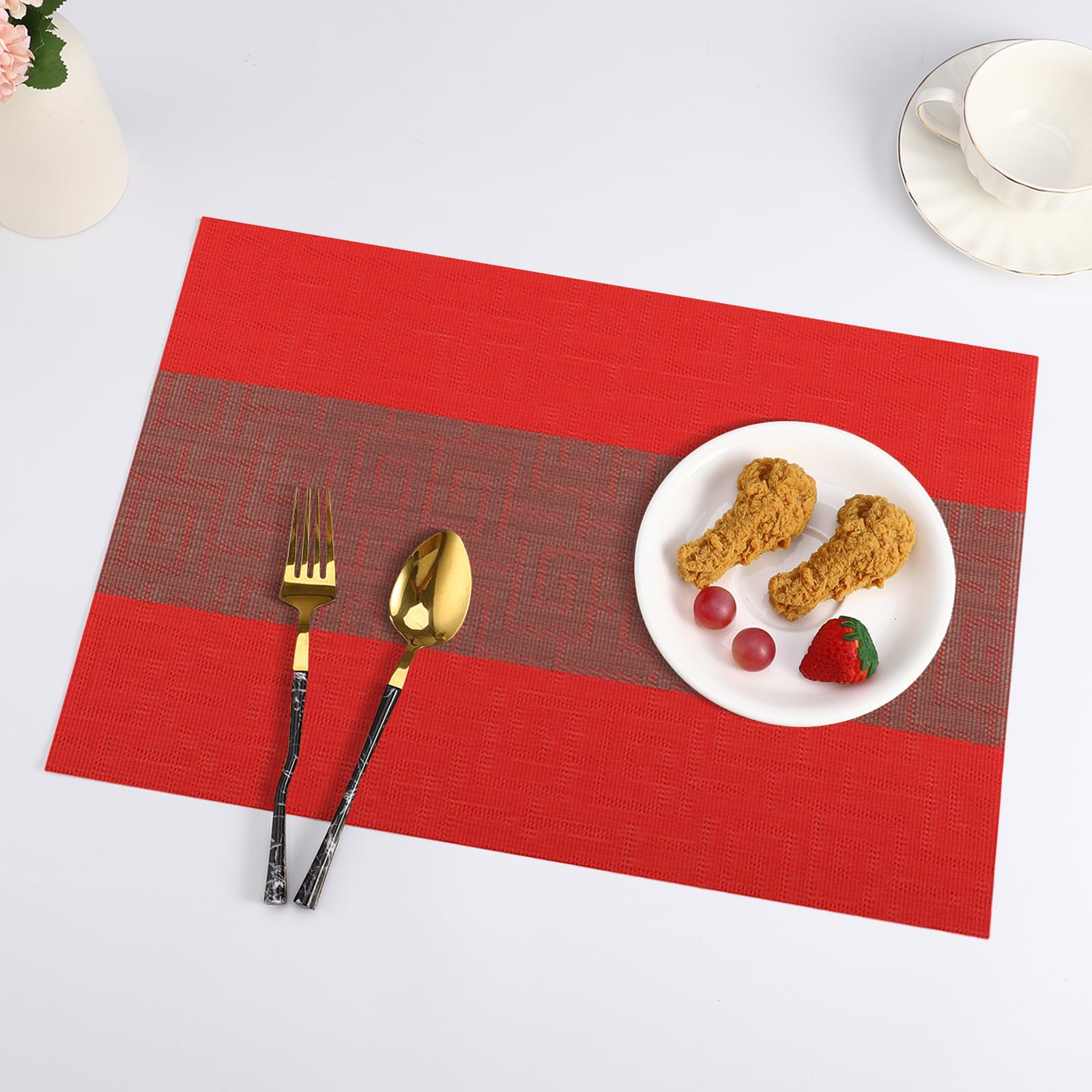 Table Mats Set of 6 Red Placemats Woven Vinyl Placemat for Dining Non Slip Washable Wipeable Kitchen Tablemats Durable Indoor Outdoor 17.7"X11.8" Red - Image 2