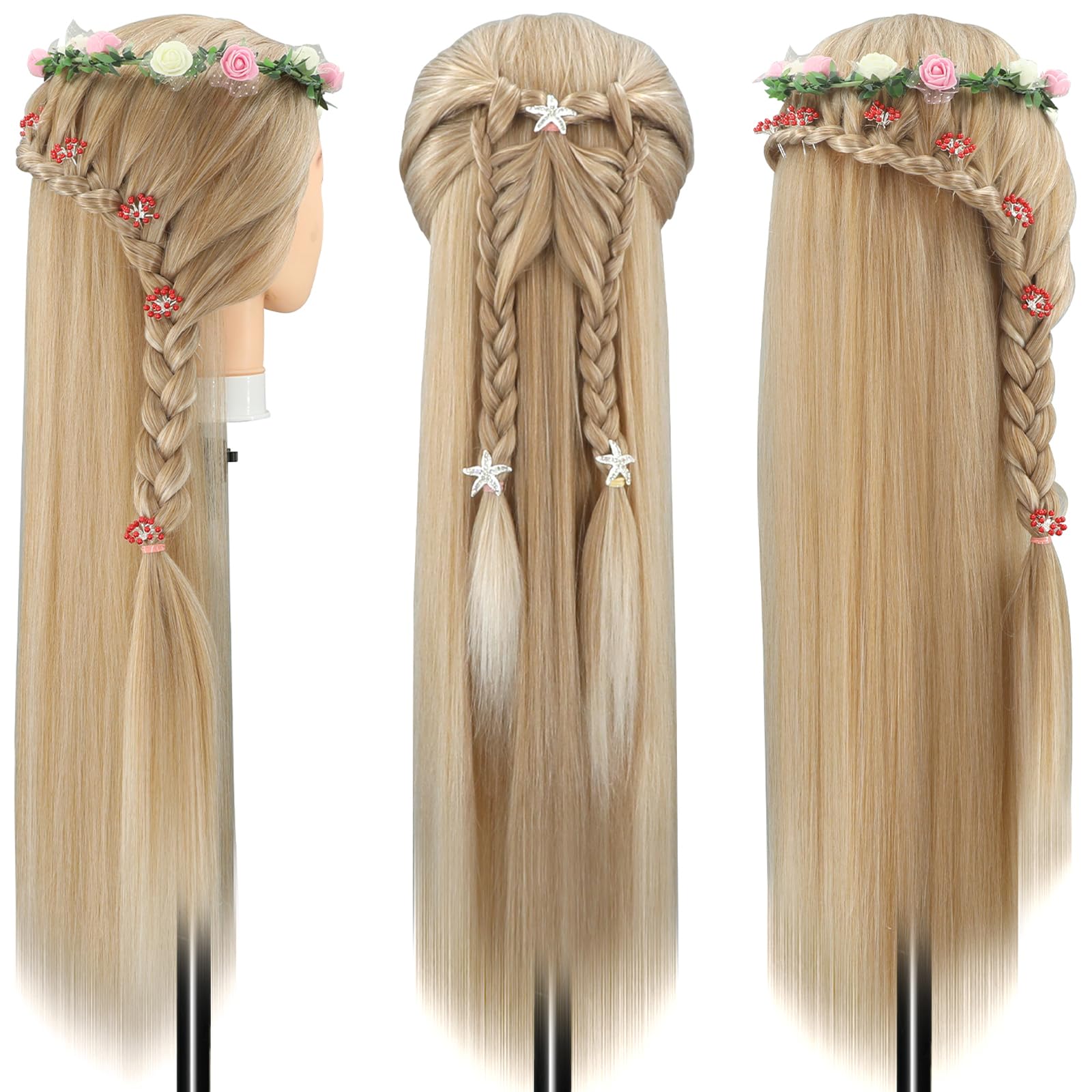 Testa Per Parrucchiere, 28 Inch Testina Parrucchiere Capelli 100% fibre Sintetiche Parrucchiere Testa Per Parrucchiere con Morsetto Libero e DIY Accessori Per Capelli (3-60)