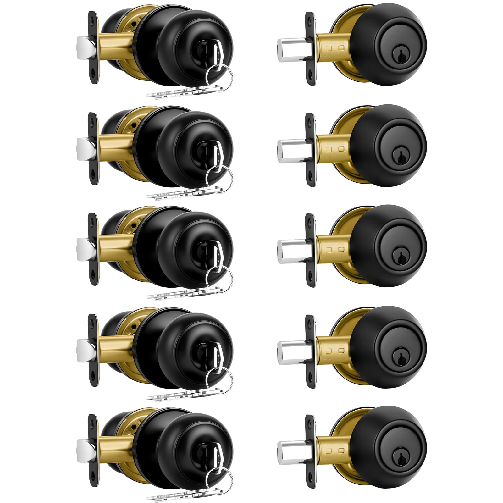 Plustool 5 Pack Front Door Lock Set Matte Black,Exterior Door Lock Set with Deadbolt,Single Cylinder Deadbolt Lock and Door Knob Set,Keyed Alike Door